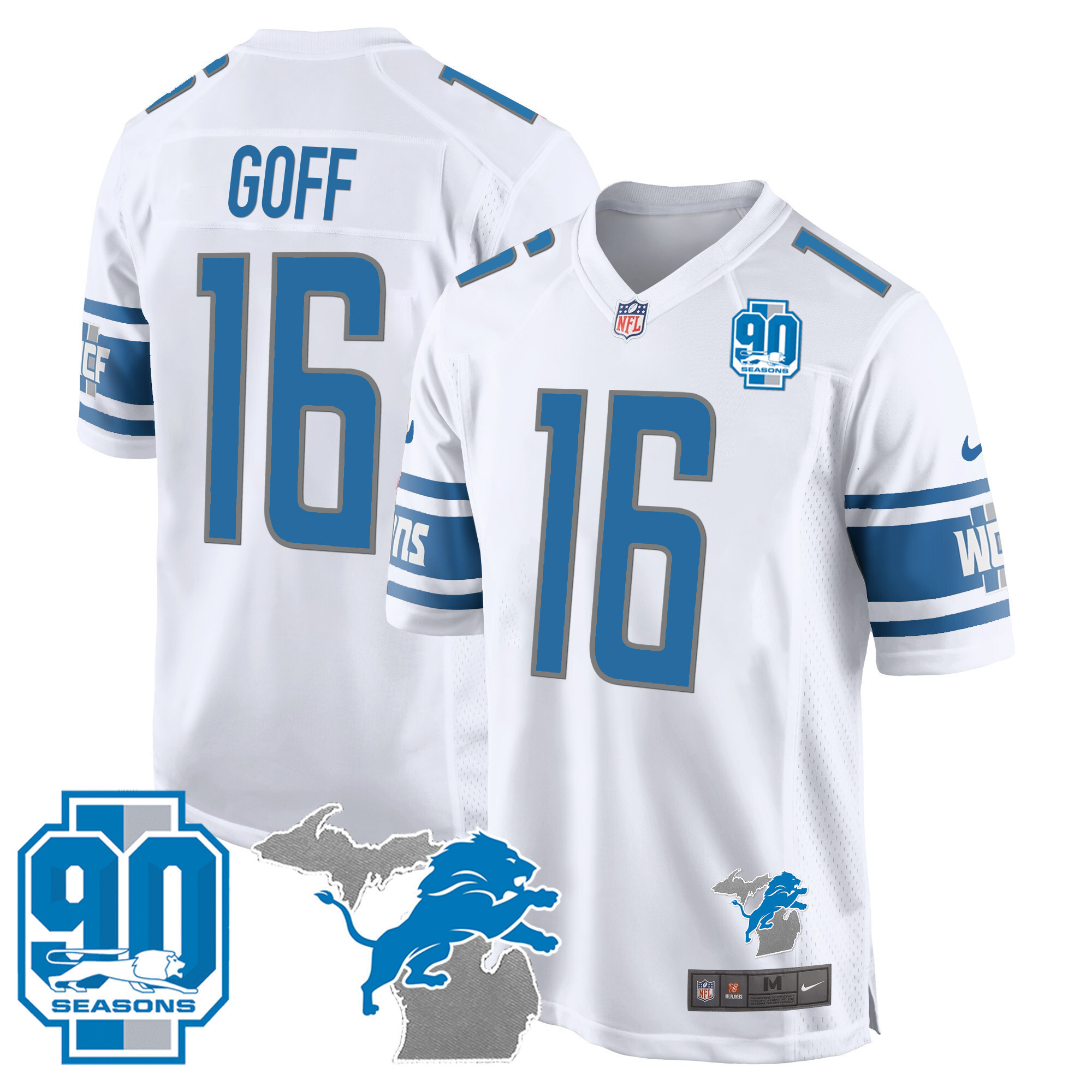 Jared Goff Men's Detroit Lions 90th Year & Michigan Patch Game White Jersey - All Stitched