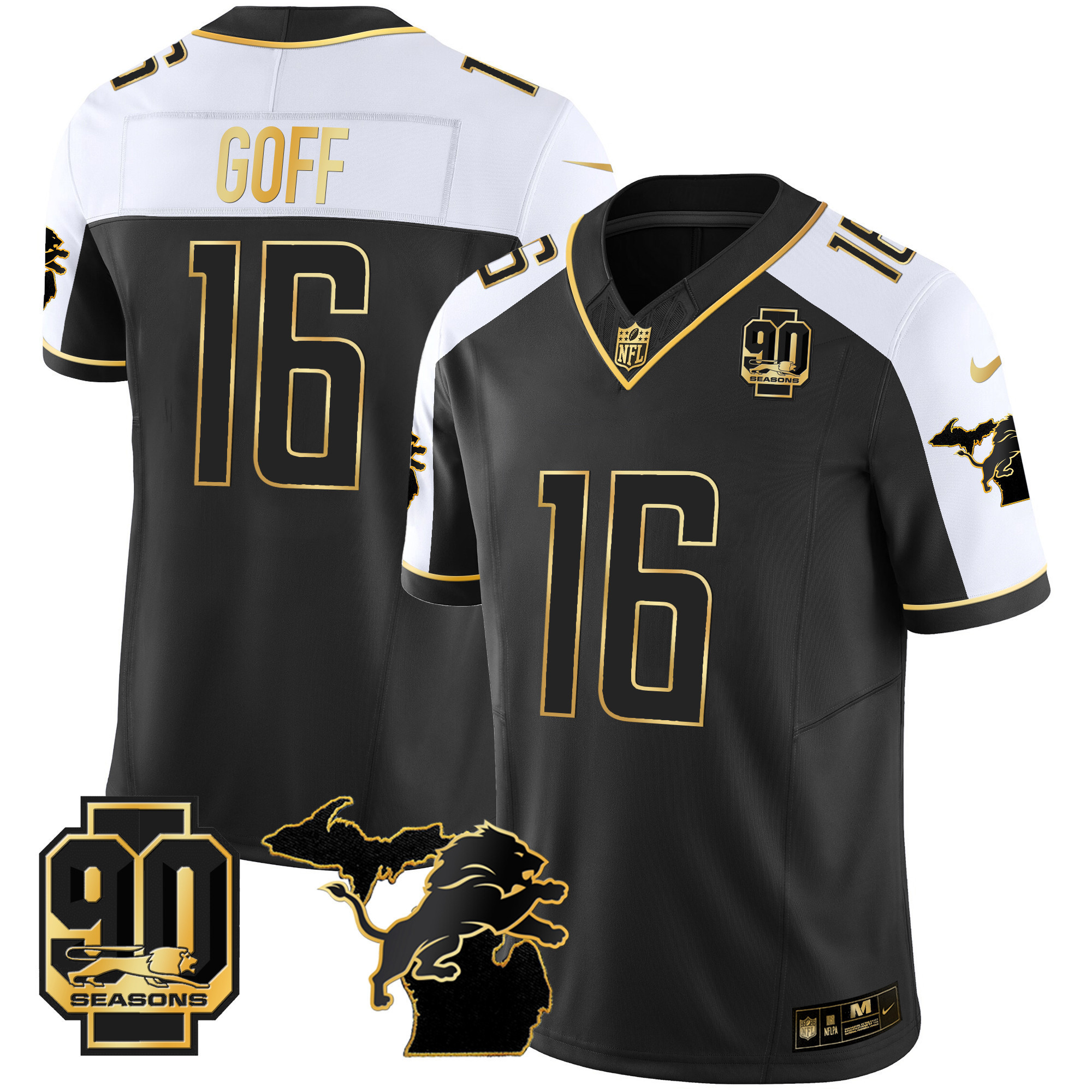 Jared Goff Men's Detroit Lions 90th Year & Michigan Patch Gold Vapor Alternate Jersey - All Stitched