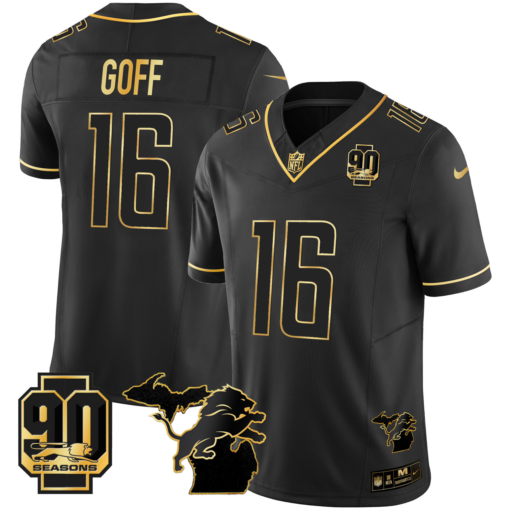 Jared Goff Men's Detroit Lions 90th Year & Michigan Patch Gold Vapor Black Gold Jersey - All Stitched