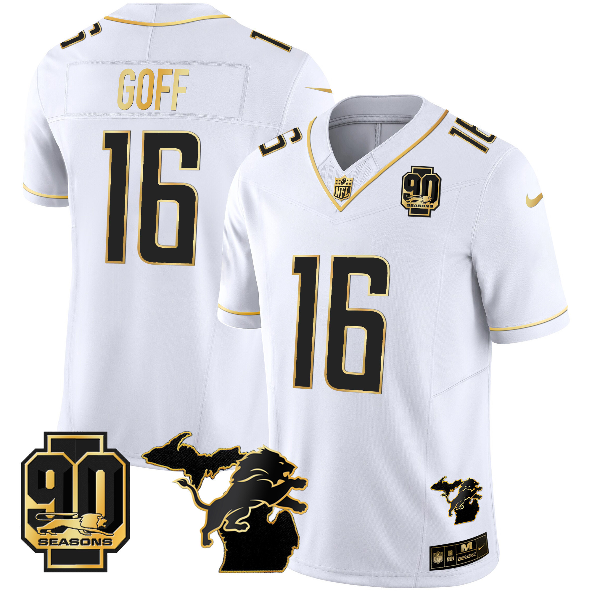 Jared Goff Men's Detroit Lions 90th Year & Michigan Patch Gold Vapor White Gold Jersey - All Stitched