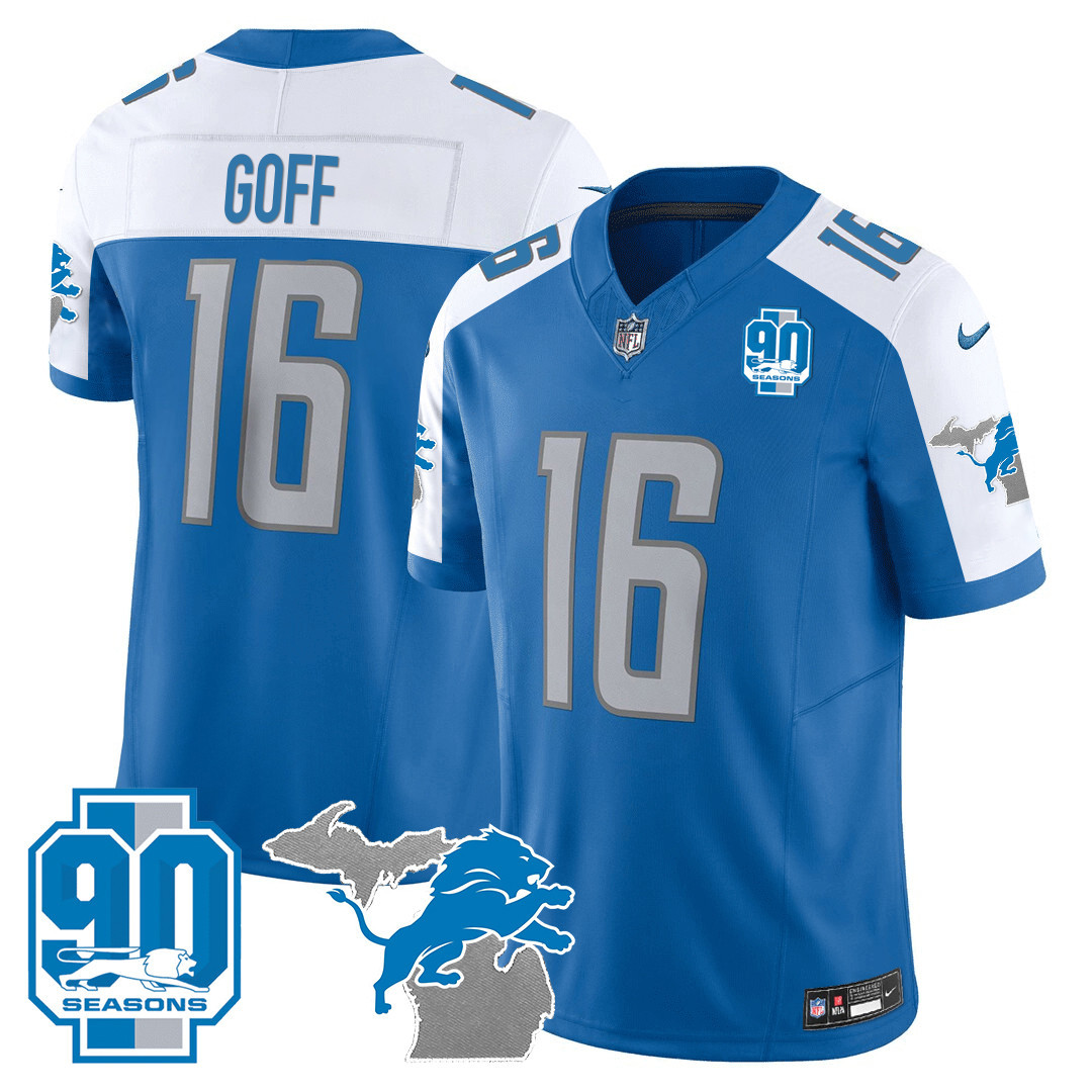 Jared Goff Men's Detroit Lions 90th Year & Michigan Patch Vapor Blue Alternate Jersey - All Stitched