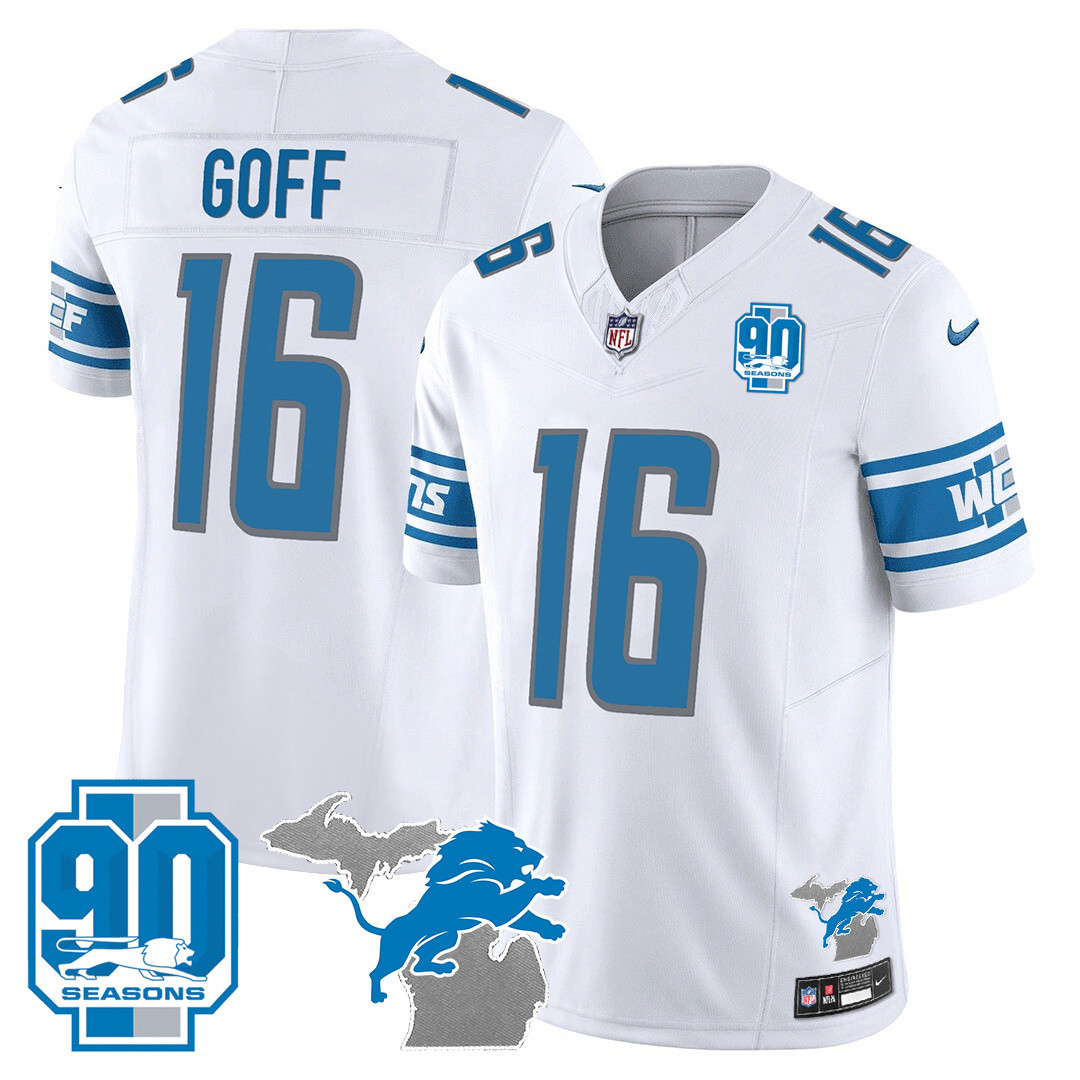 Jared Goff Men's Detroit Lions 90th Year & Michigan Patch Vapor White Jersey - All Stitched