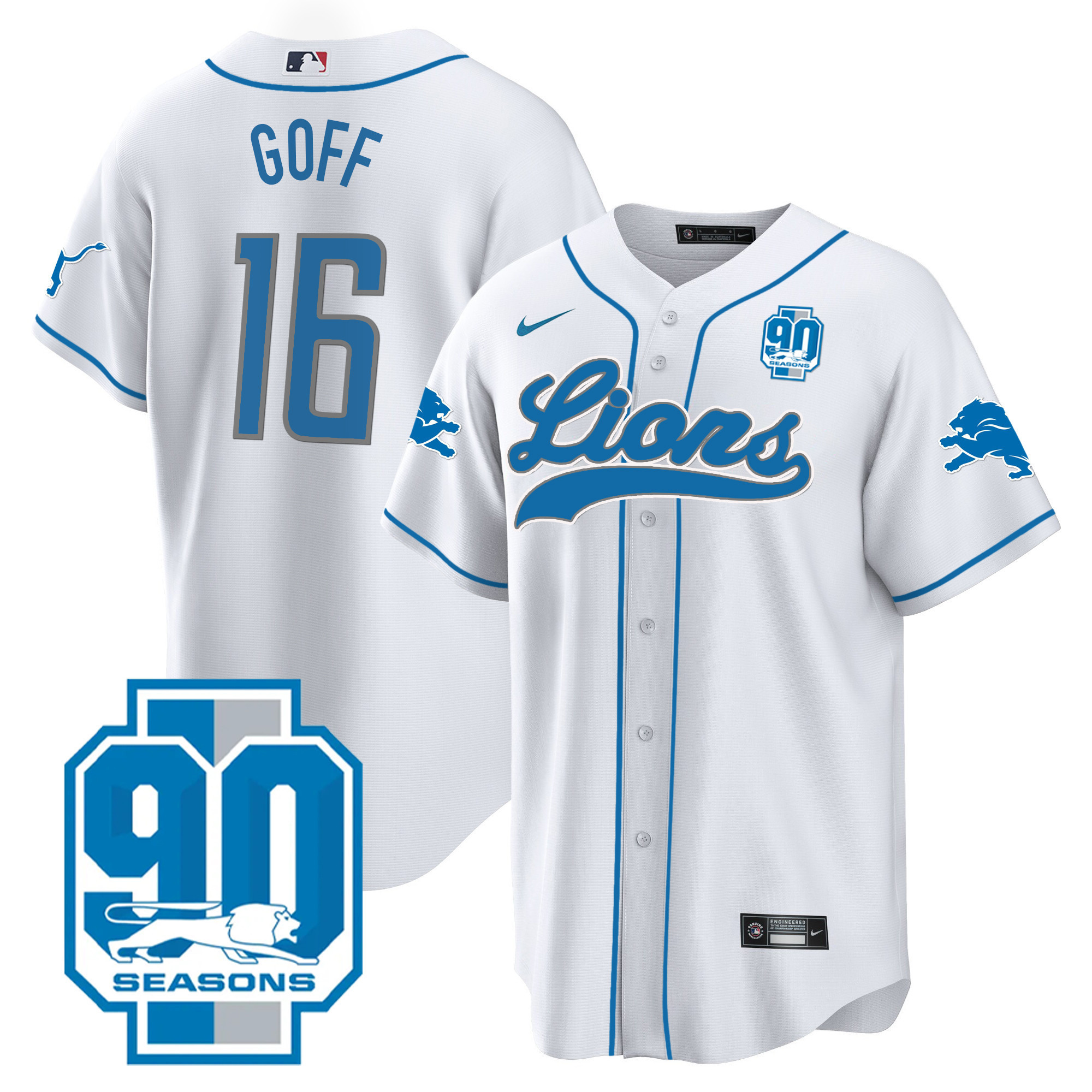 Jared Goff Men's Detroit Lions 90th Year Patch Baseball White Jersey - All Stitched