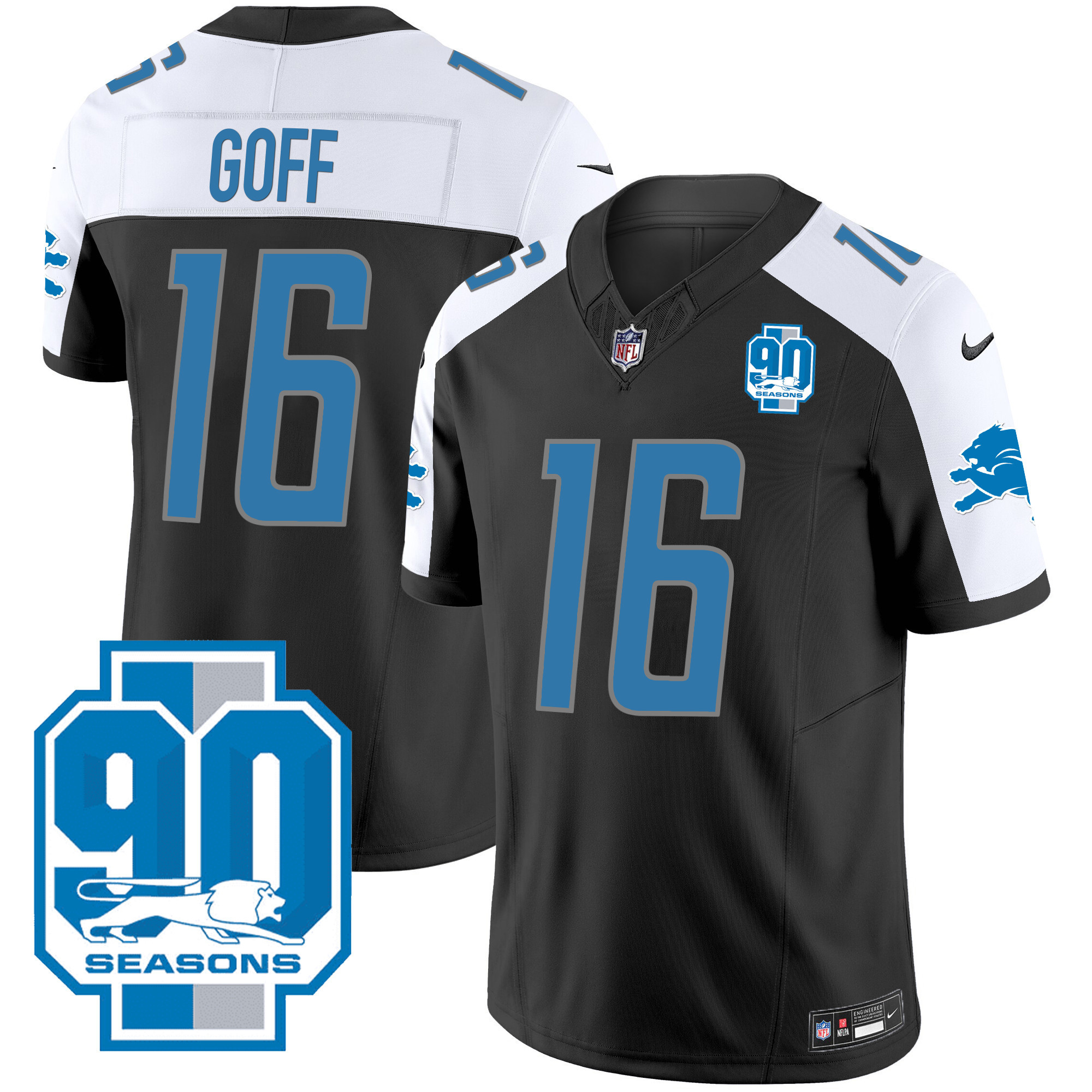 Jared Goff Men's Detroit Lions 90th Year Patch Black Alternate Jersey - All Stitched