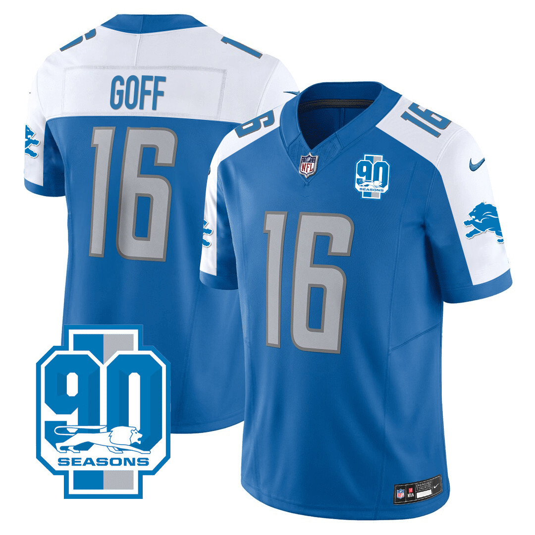 Jared Goff Men's Detroit Lions 90th Year Patch Blue Alternate Jersey - All Stitched