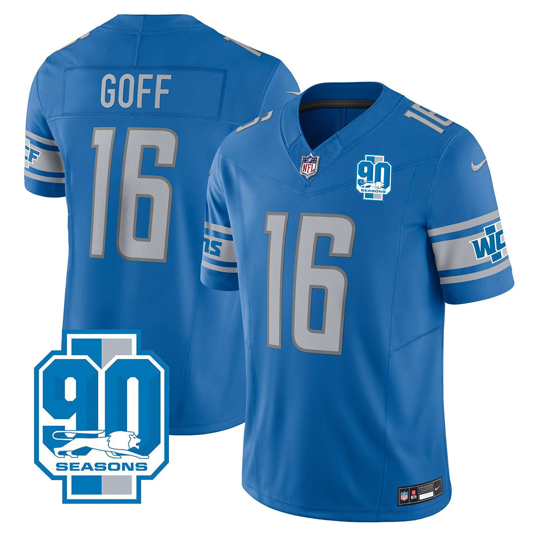 Jared Goff Men's Detroit Lions 90th Year Patch Blue Jersey - All Stitched