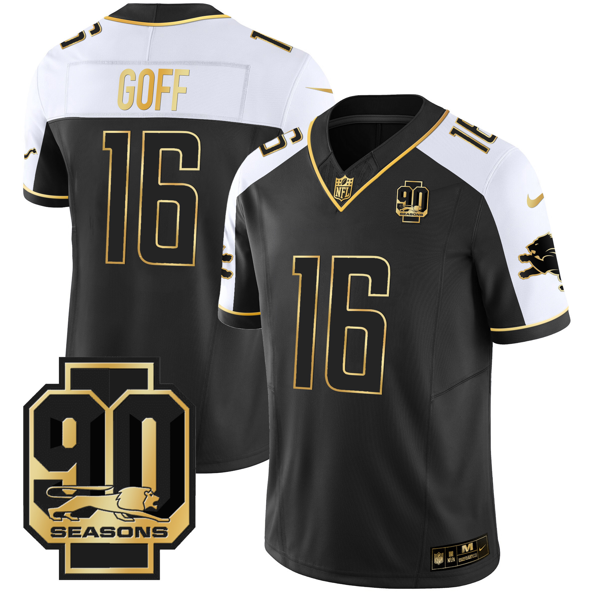 Jared Goff Men's Detroit Lions 90th Year Patch Gold Alternate Jersey - All Stitched