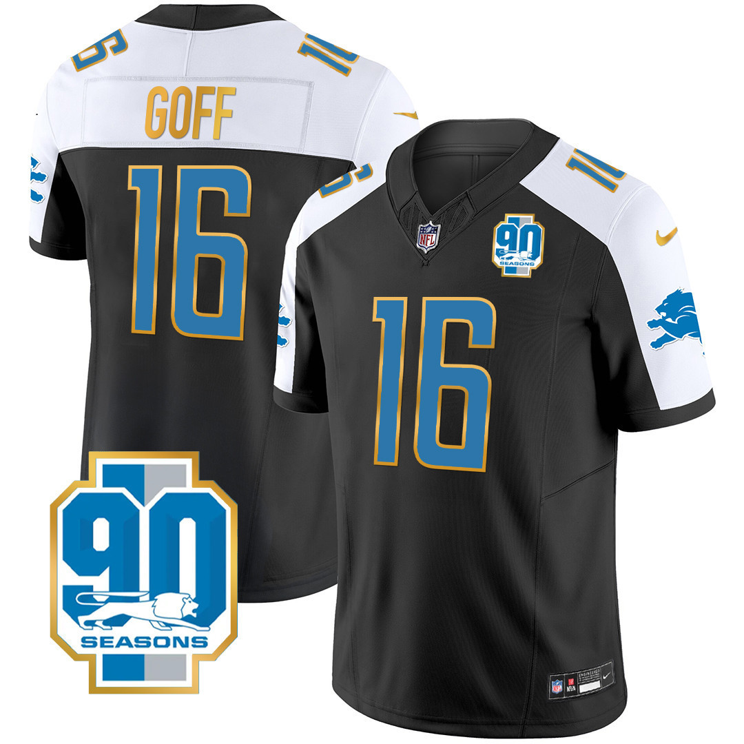 Jared Goff Men's Detroit Lions 90th Year Patch Gold Trim Black Alternate Jersey - All Stitched