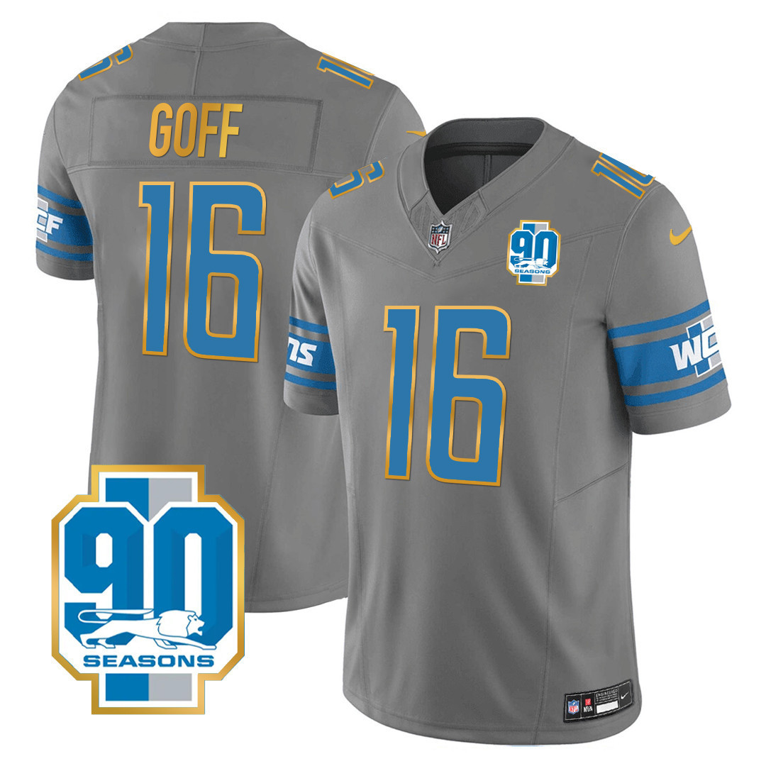 Jared Goff Men's Detroit Lions 90th Year Patch Gold Trim Gray Jersey - All Stitched