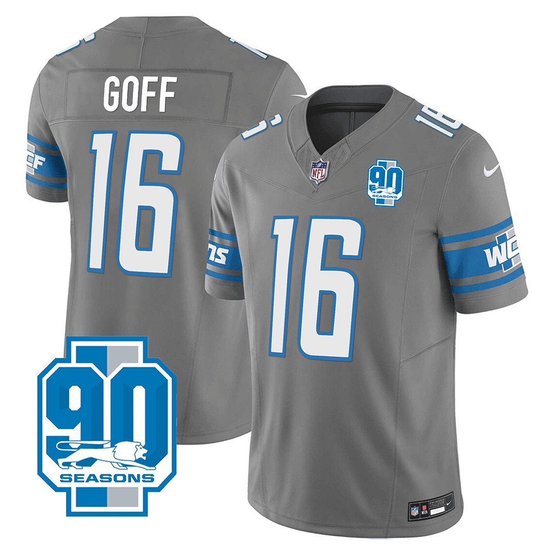 Jared Goff Men's Detroit Lions 90th Year Patch Gray Jersey - All Stitched