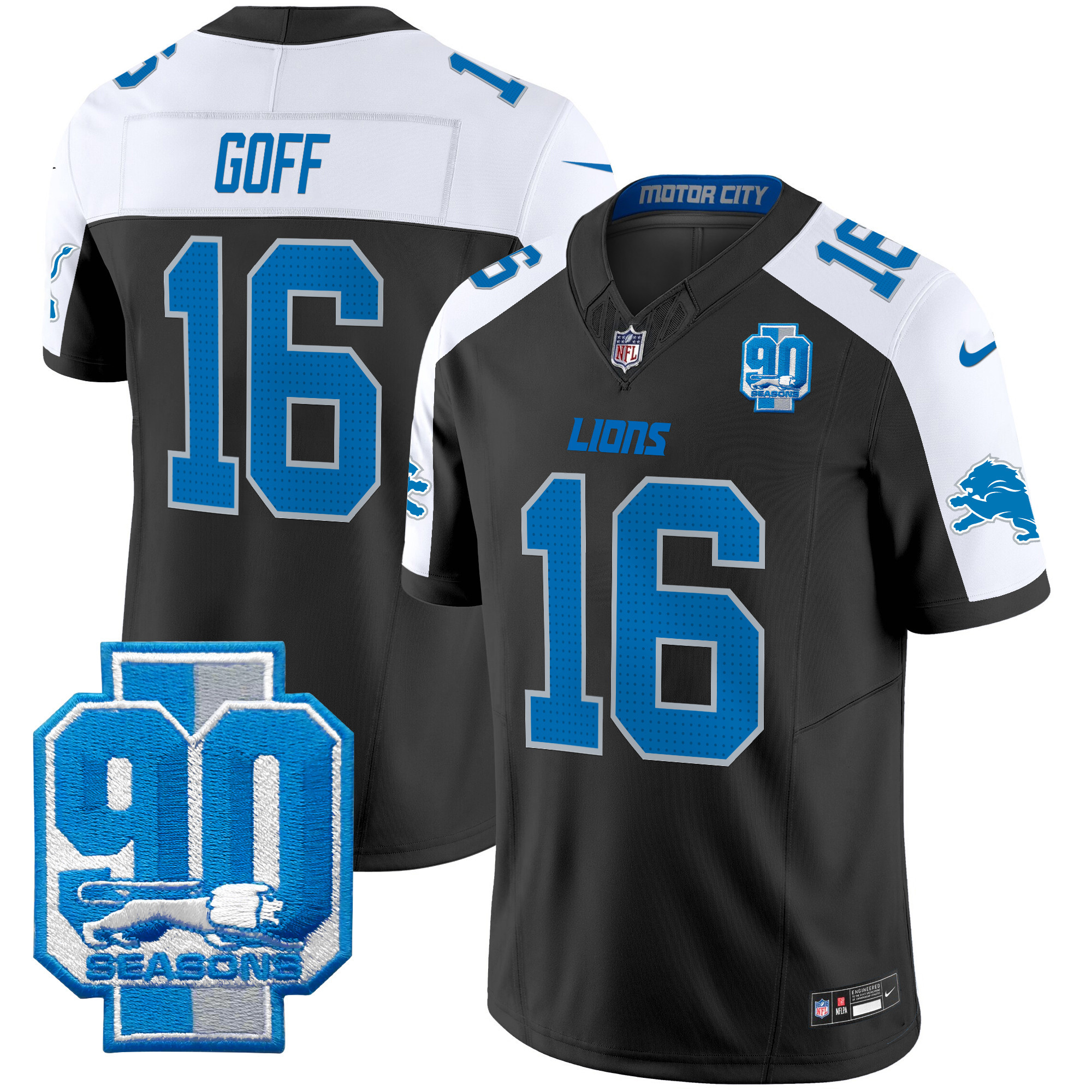 Jared Goff Men's Detroit Lions 90th Year Patch Vapor Limited Black Alternate Jersey - All Stitched