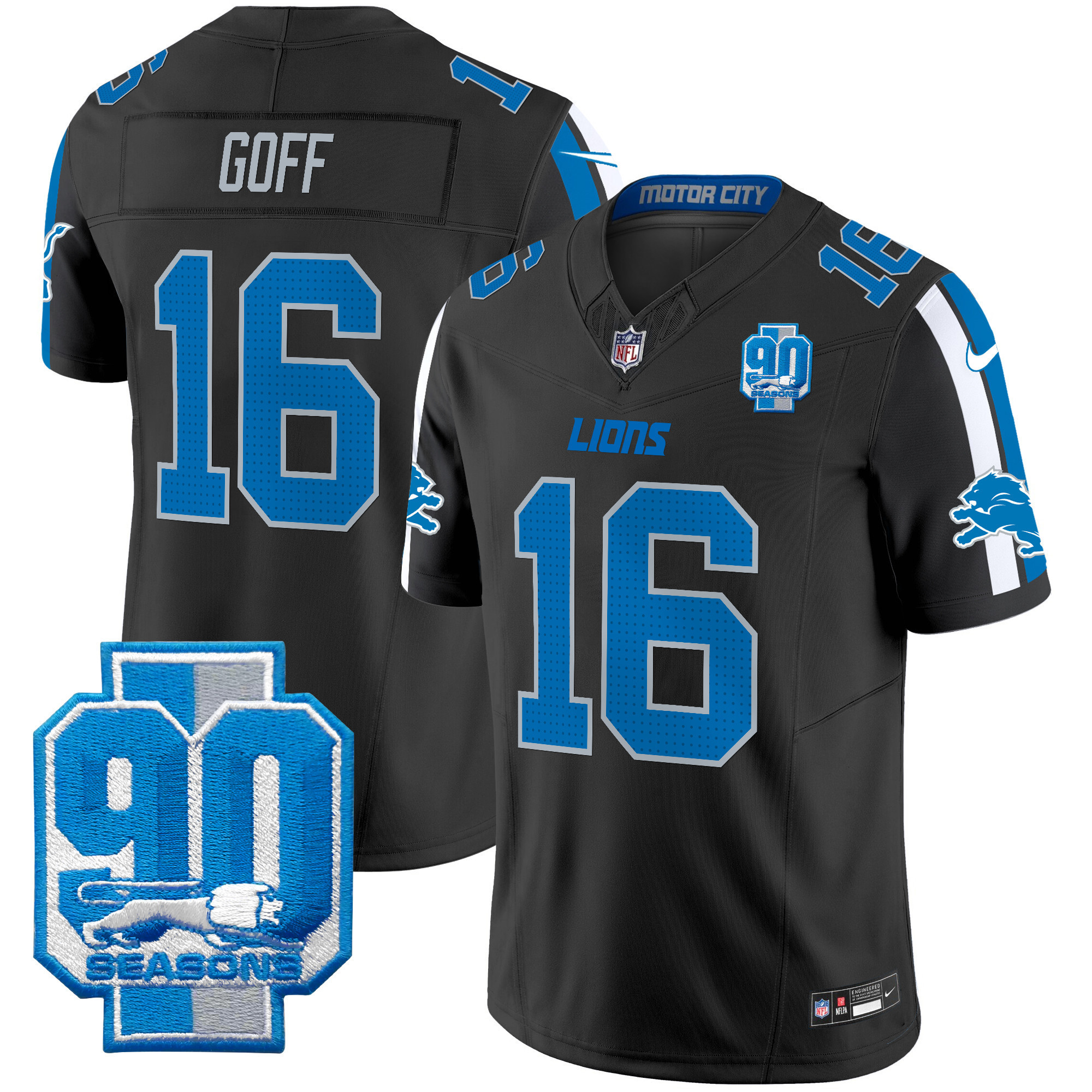Jared Goff Men's Detroit Lions 90th Year Patch Vapor Limited Black Jersey - All Stitched
