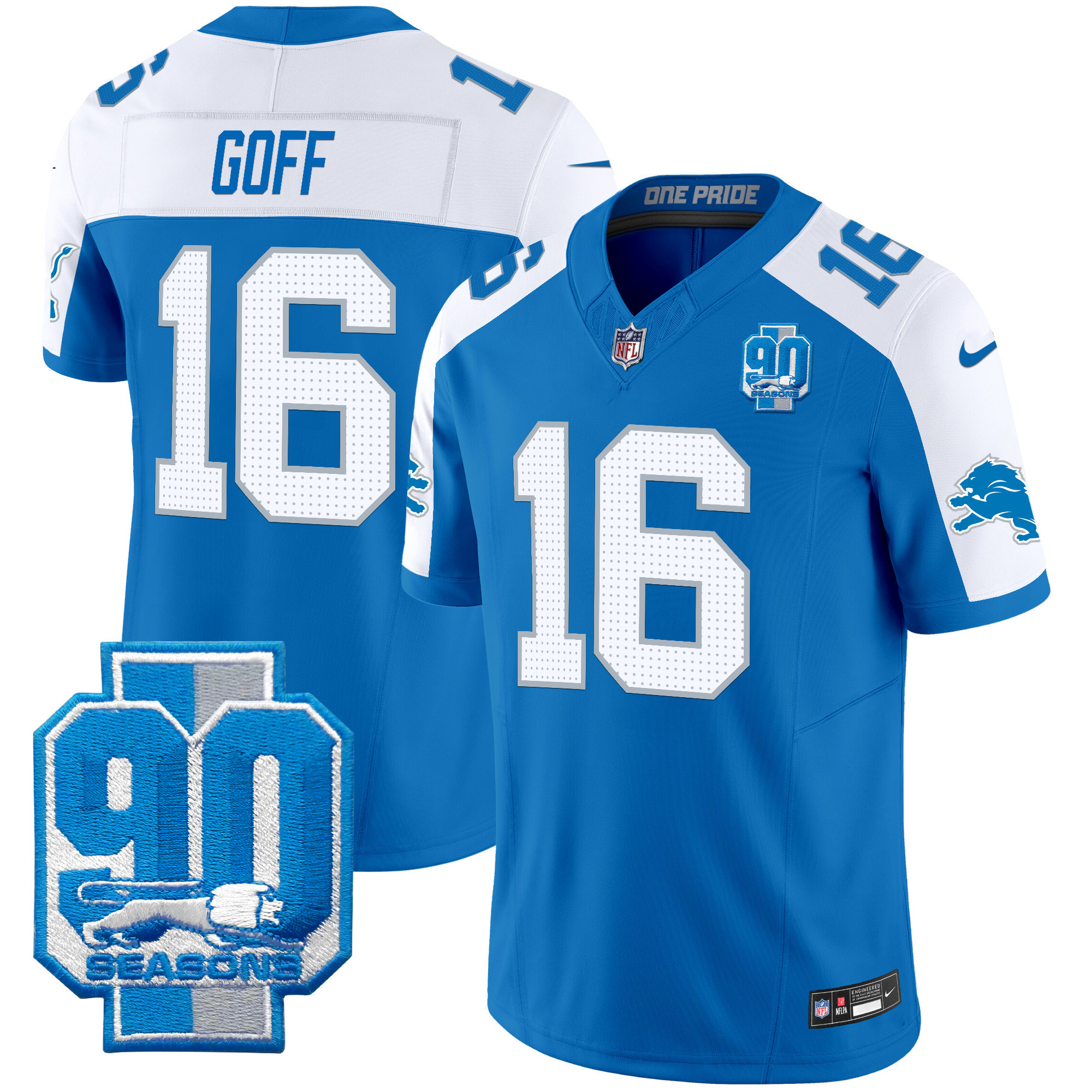 Jared Goff Men's Detroit Lions 90th Year Patch Vapor Limited Blue Alternate Jersey - All Stitched
