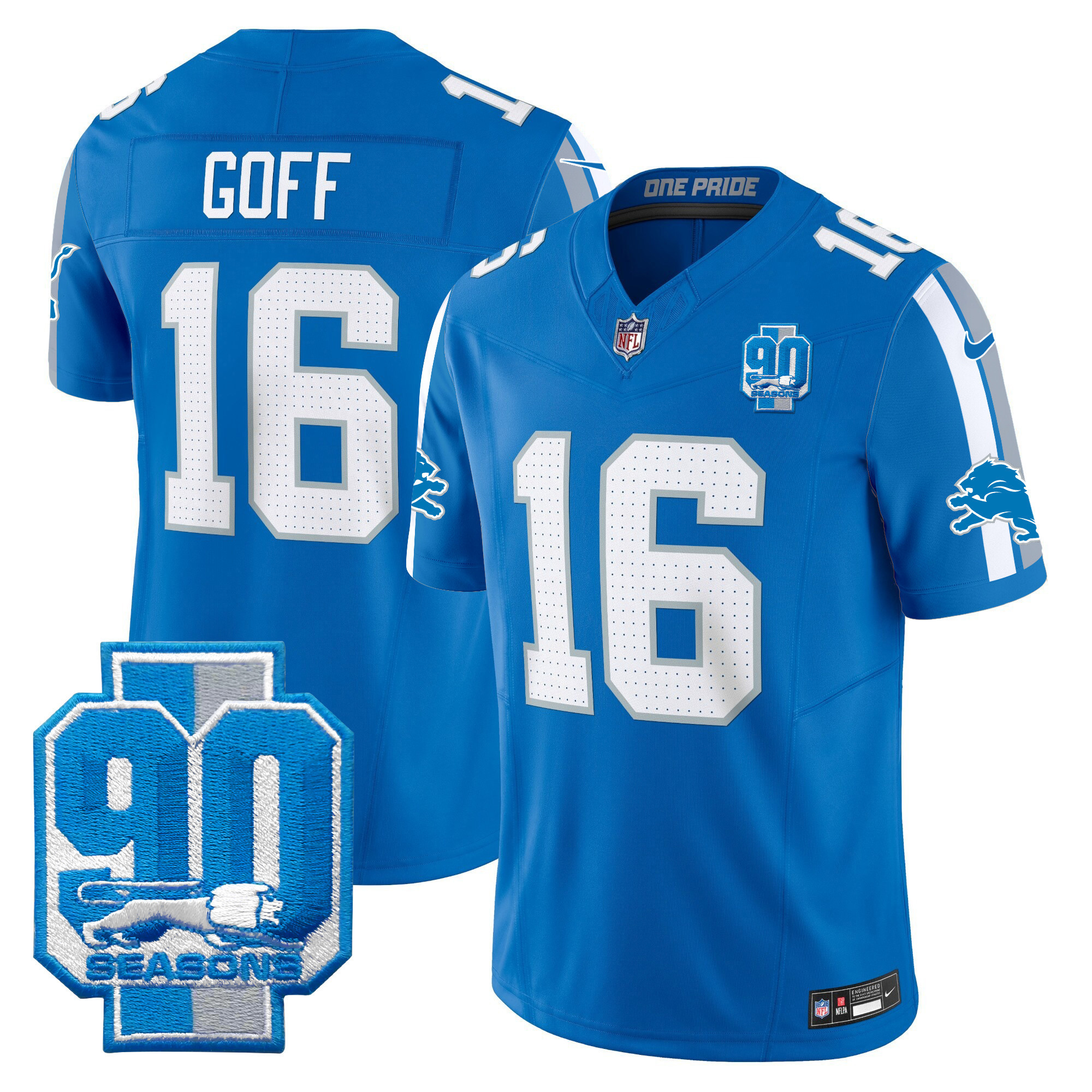 Jared Goff Men's Detroit Lions 90th Year Patch Vapor Limited Blue Jersey - All Stitched