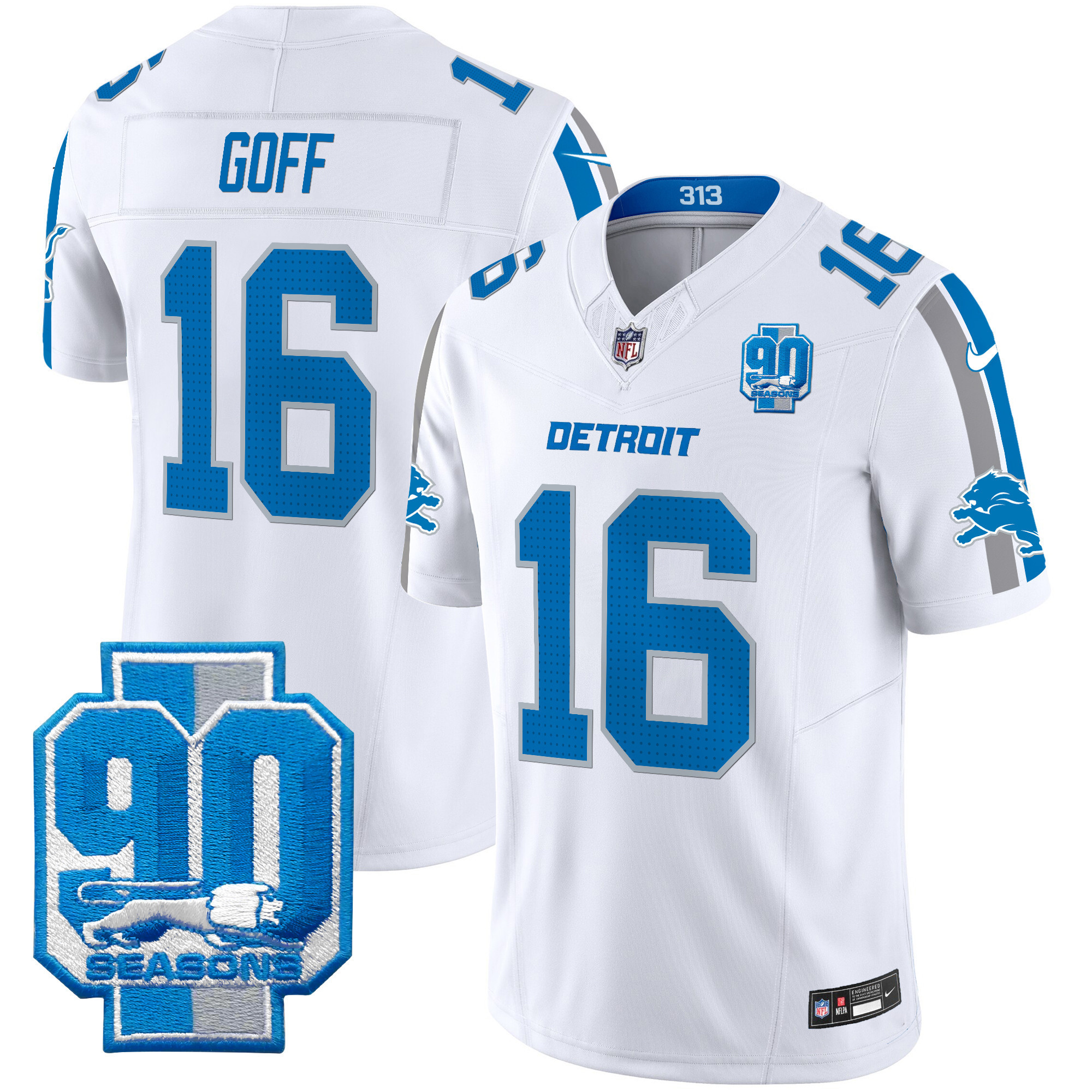 Jared Goff Men's Detroit Lions 90th Year Patch Vapor Limited White Jersey - All Stitched