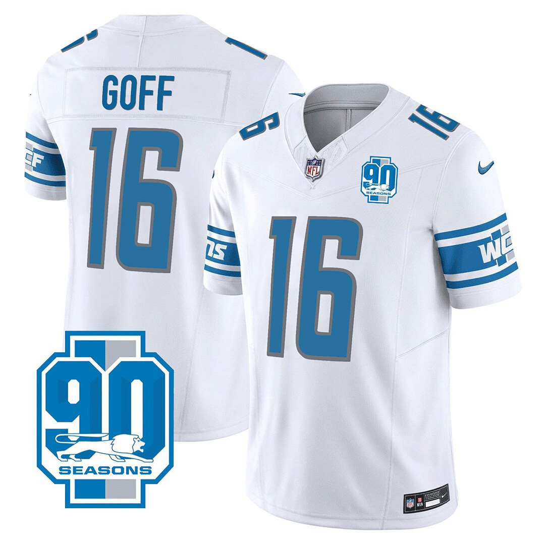 Jared Goff Men's Detroit Lions 90th Year Patch White Jersey - All Stitched