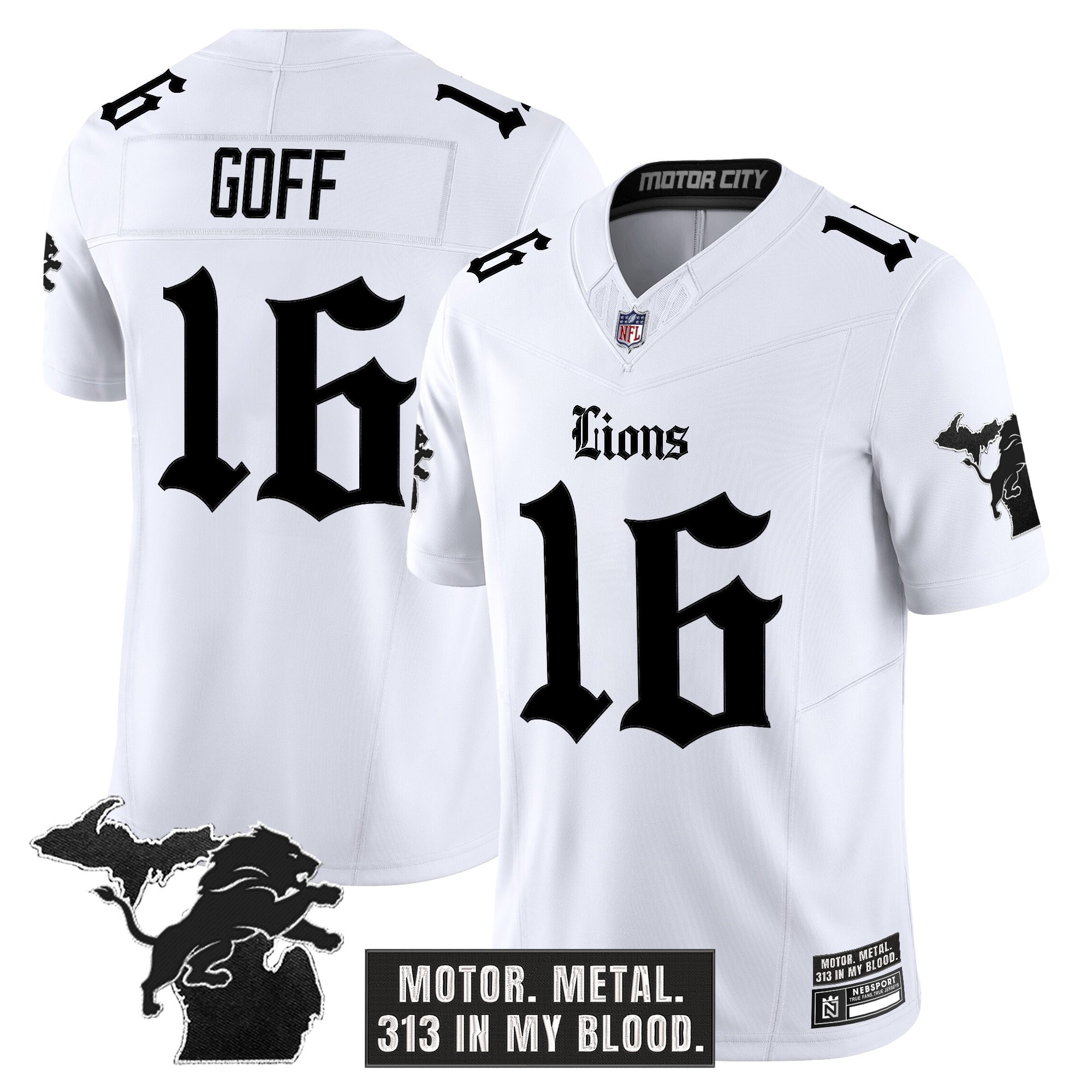 Jared Goff Men's Detroit Lions 'Gothic Motor Grit Edition' Vapor Limited White Jersey - All Stitched