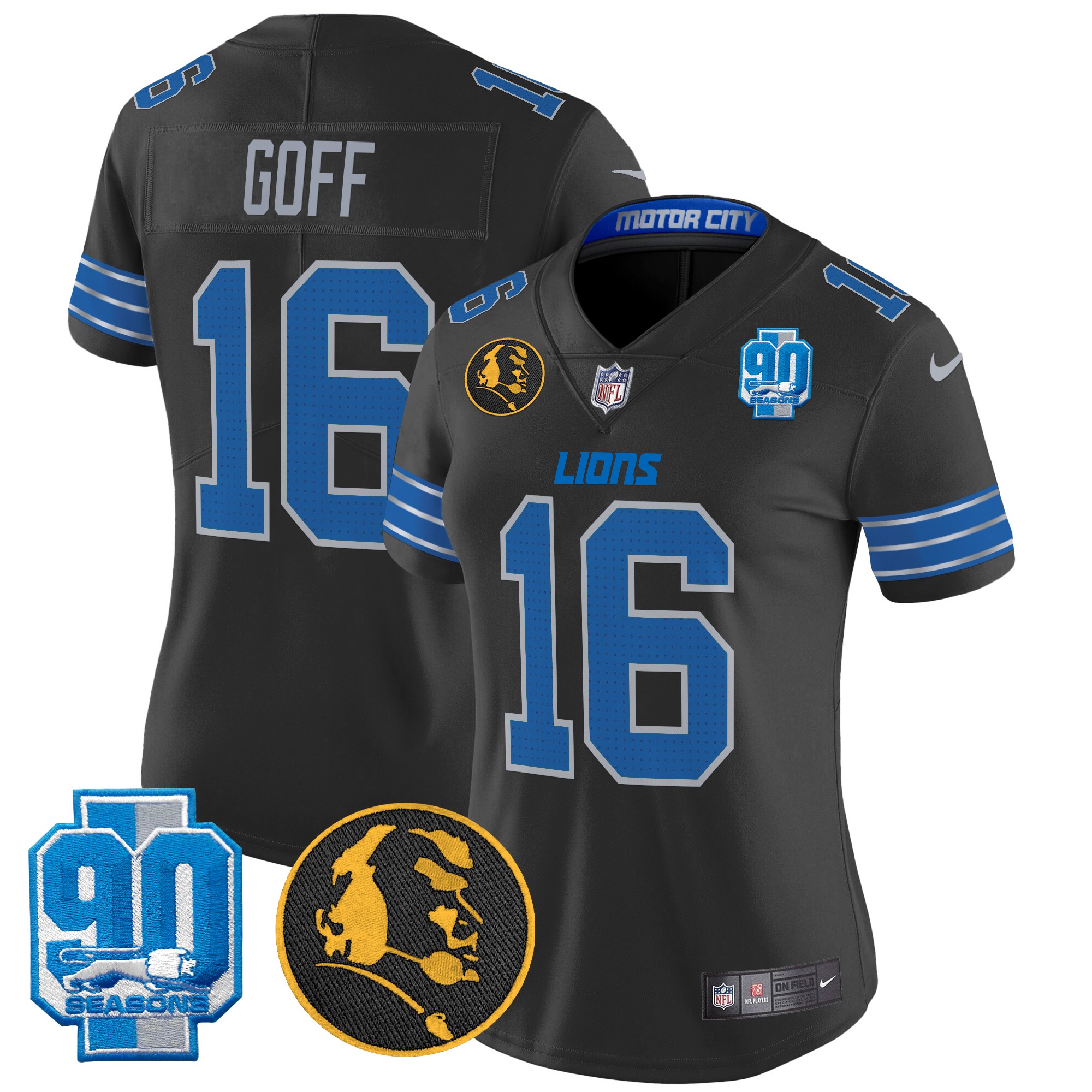 Jared Goff Women's Detroit Lions 2024 90th & John Madden Patch Vapor Limited Black Jersey - All Stitched