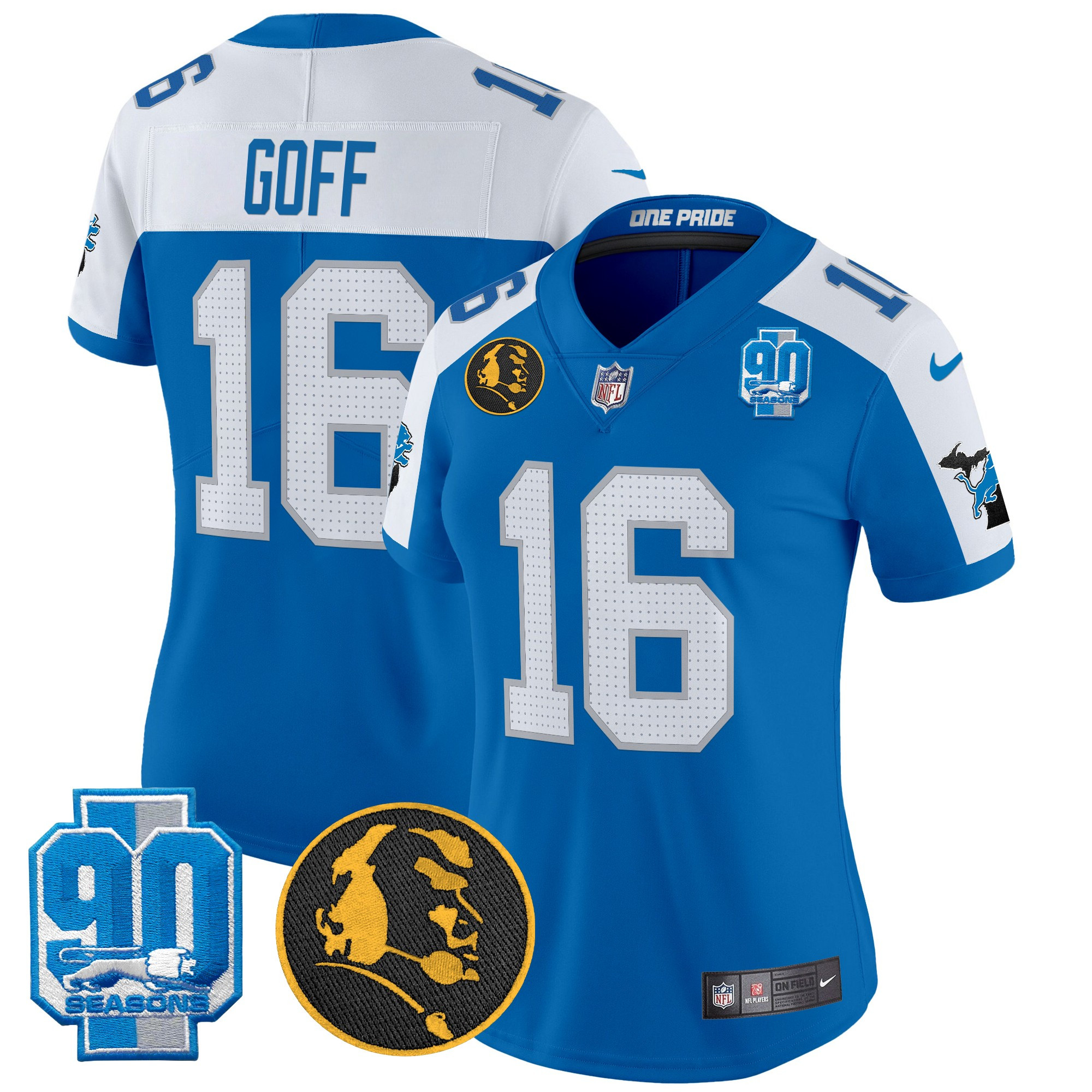 Jared Goff Women's Detroit Lions 2024 90th & John Madden Patch Vapor Limited Blue Alternate Jersey - All Stitched