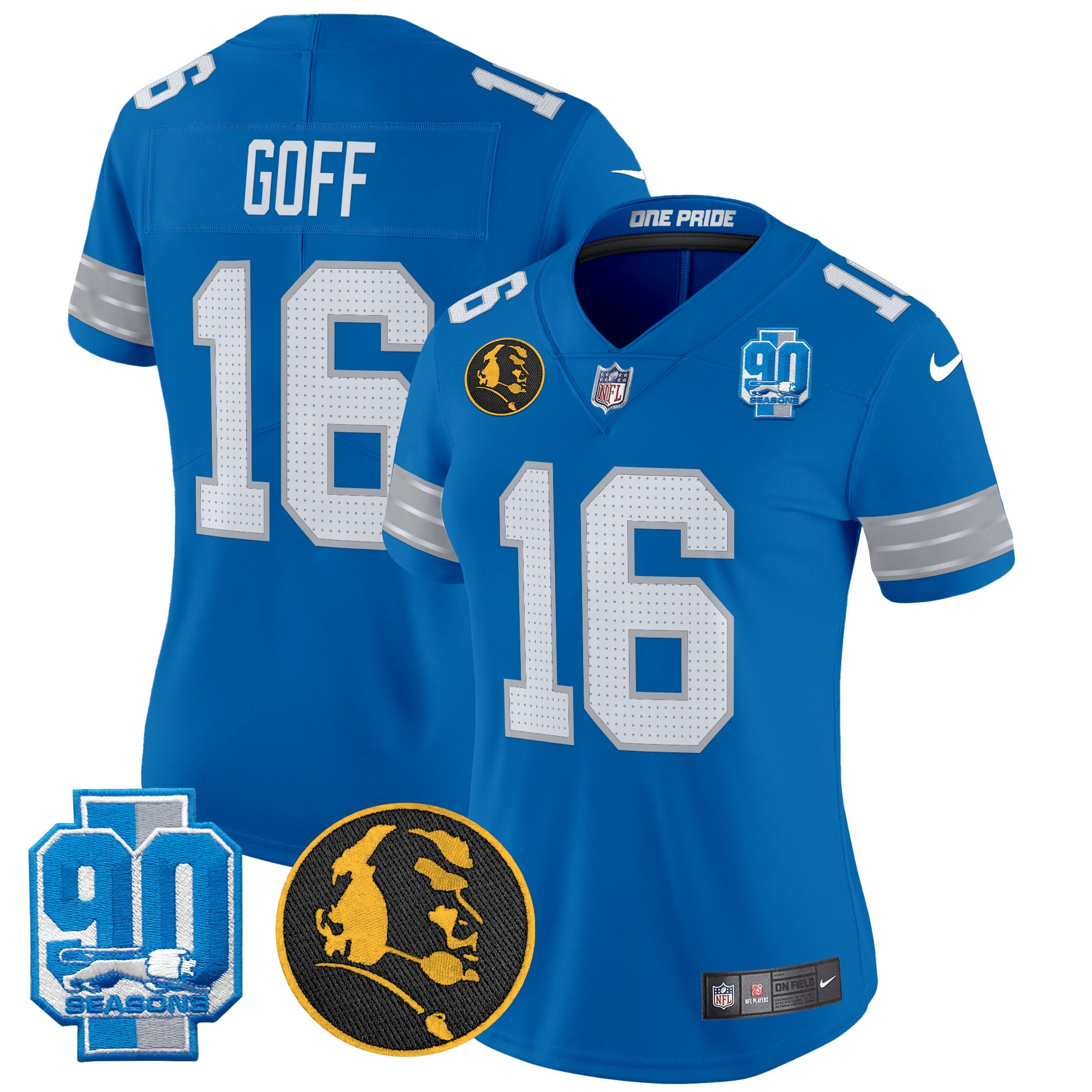 Jared Goff Women's Detroit Lions 2024 90th & John Madden Patch Vapor Limited Blue Jersey - All Stitched
