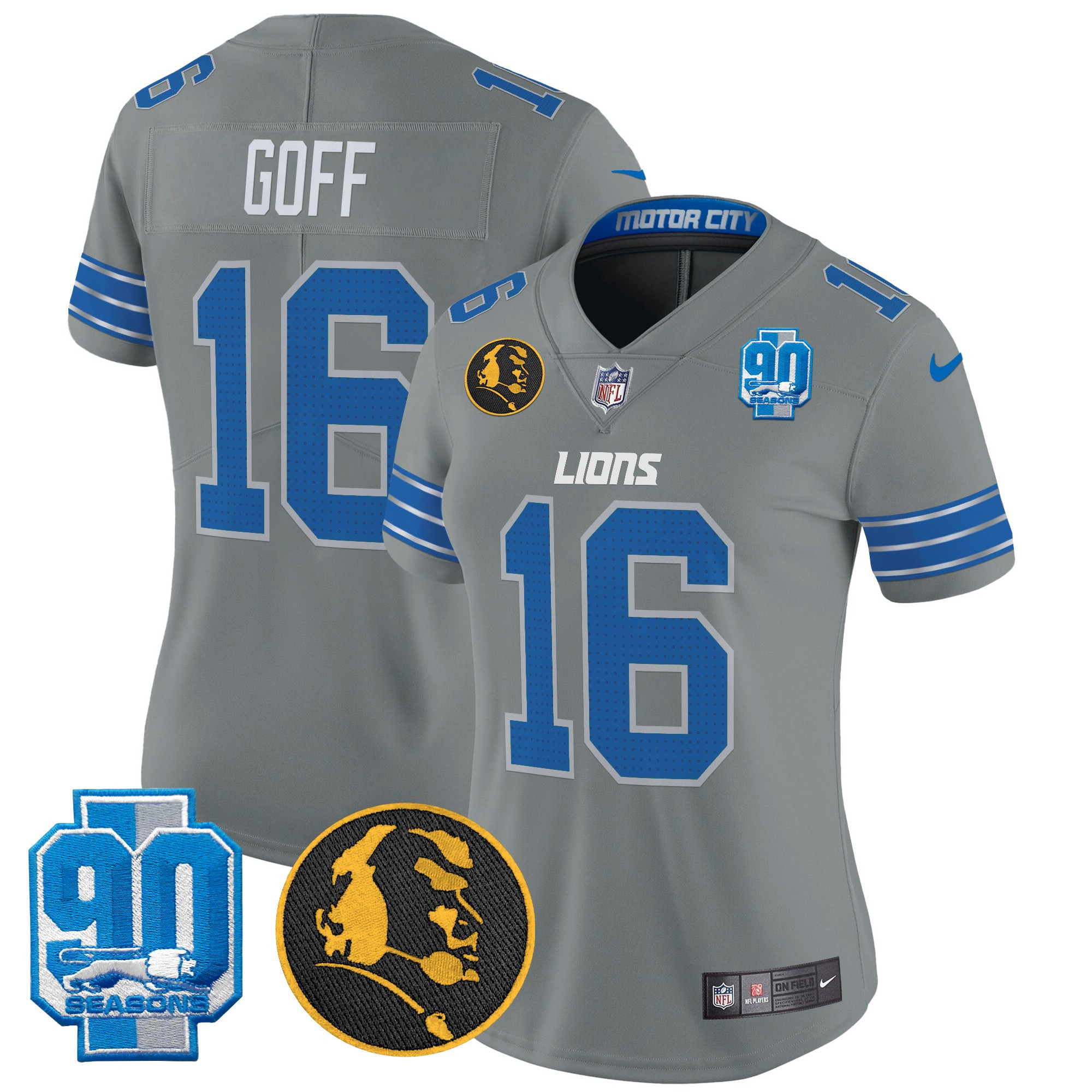 Jared Goff Women's Detroit Lions 2024 90th & John Madden Patch Vapor Limited Gray Jersey - All Stitched