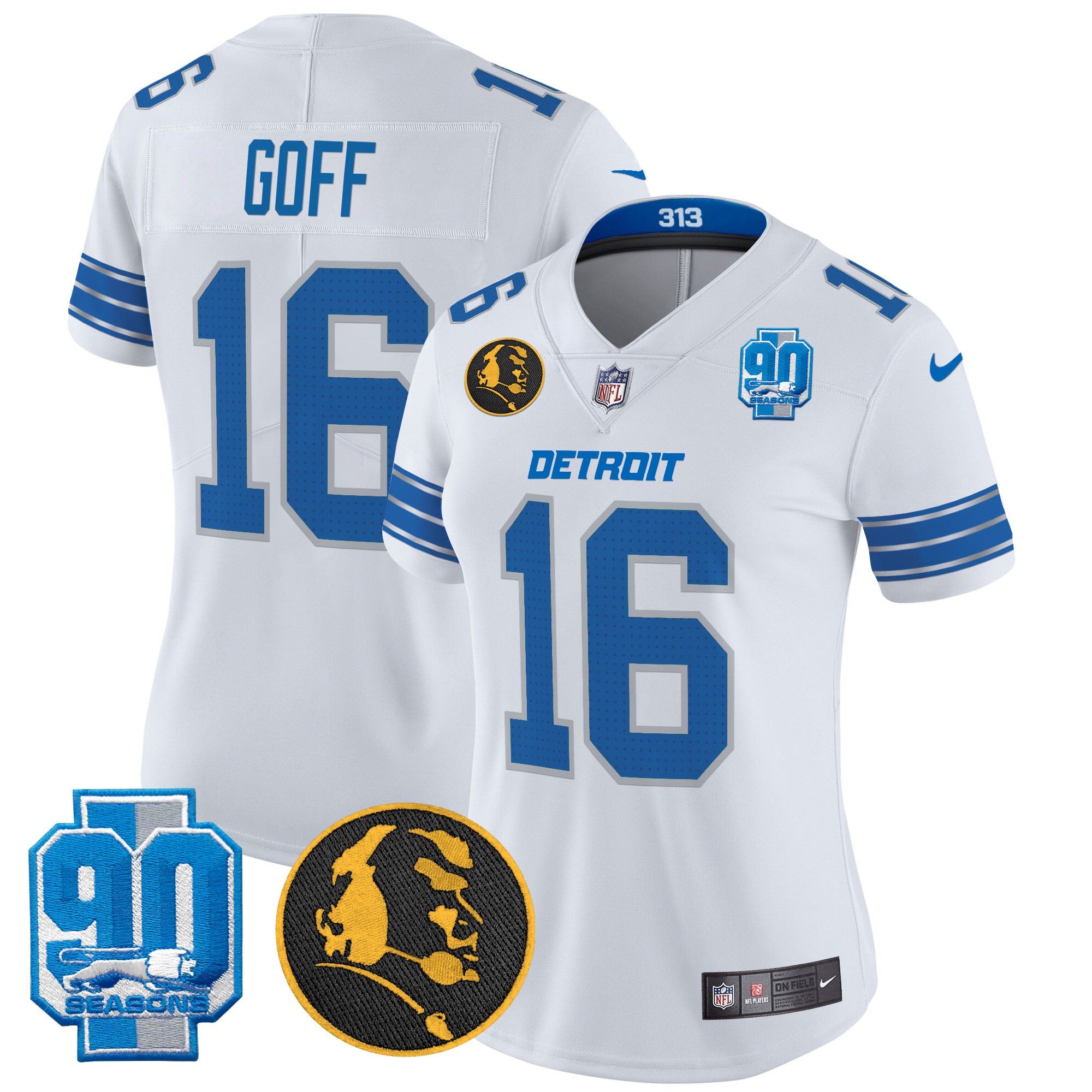 Jared Goff Women's Detroit Lions 2024 90th & John Madden Patch Vapor Limited White Jersey - All Stitched