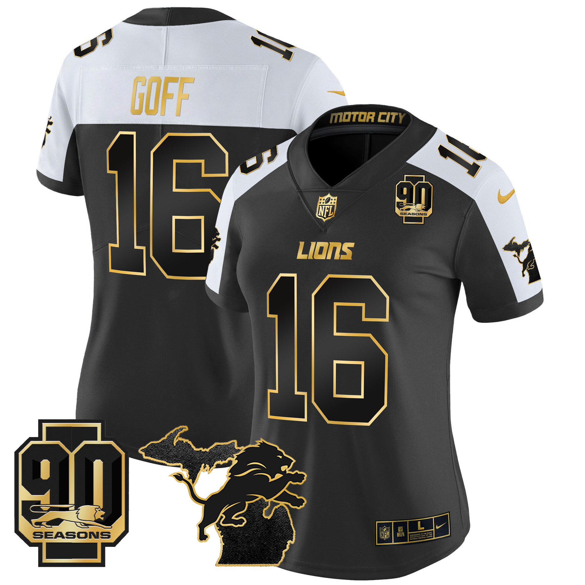 Jared Goff Women's Detroit Lions 2024 Michigan & 90th Year Patch Gold Vapor Limited Alternate Jersey - All Stitched