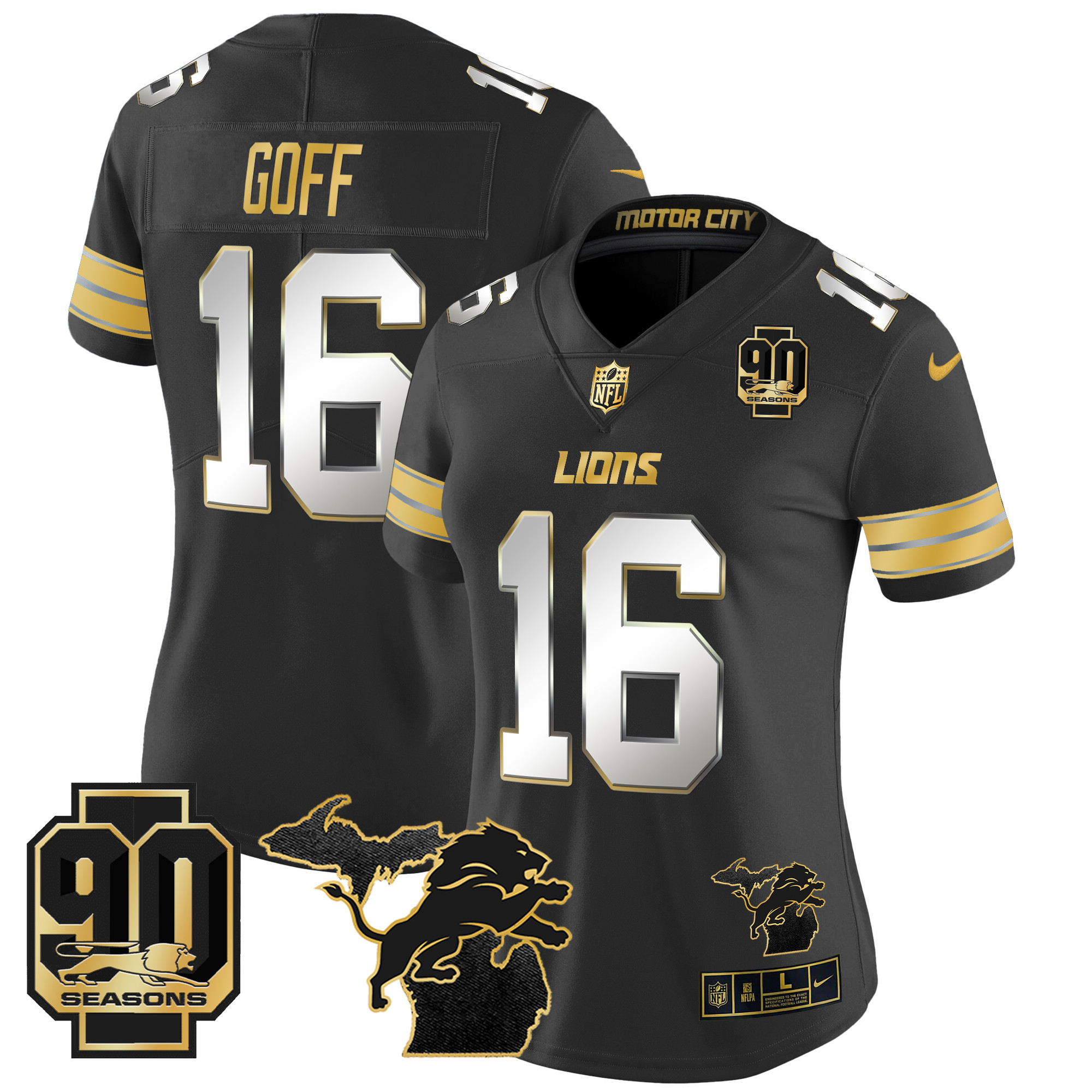 Jared Goff Women's Detroit Lions 2024 Michigan & 90th Year Patch Gold Vapor Limited Black Limited Jersey - All Stitched