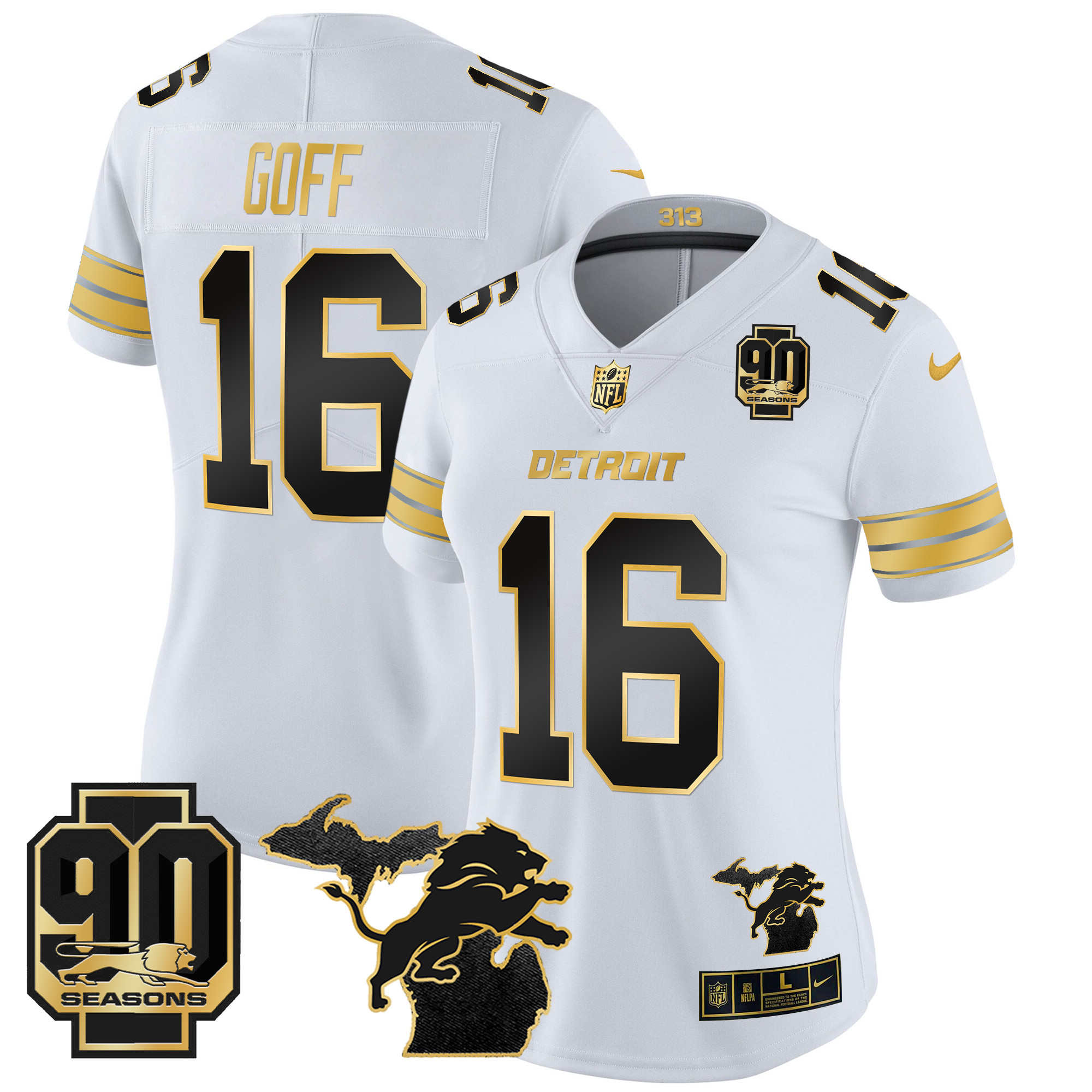 Jared Goff Women's Detroit Lions 2024 Michigan & 90th Year Patch Gold Vapor Limited White Gold Jersey - All Stitched