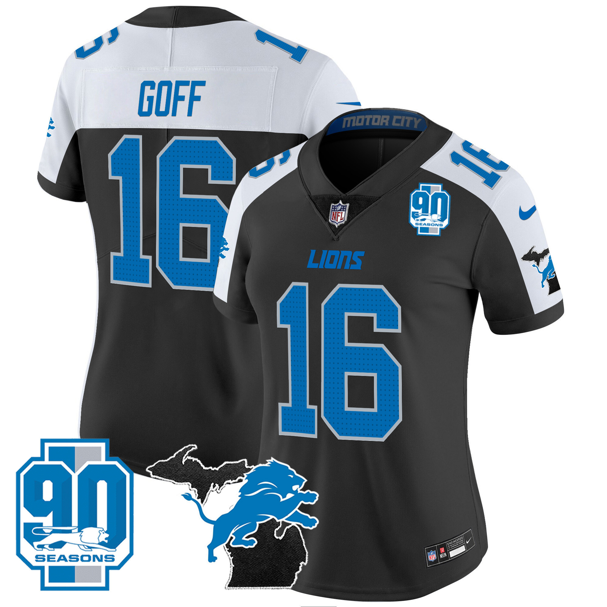 Jared Goff Women's Detroit Lions 2024 Michigan & 90th Year Patch Vapor Alternate Jersey - All Stitched