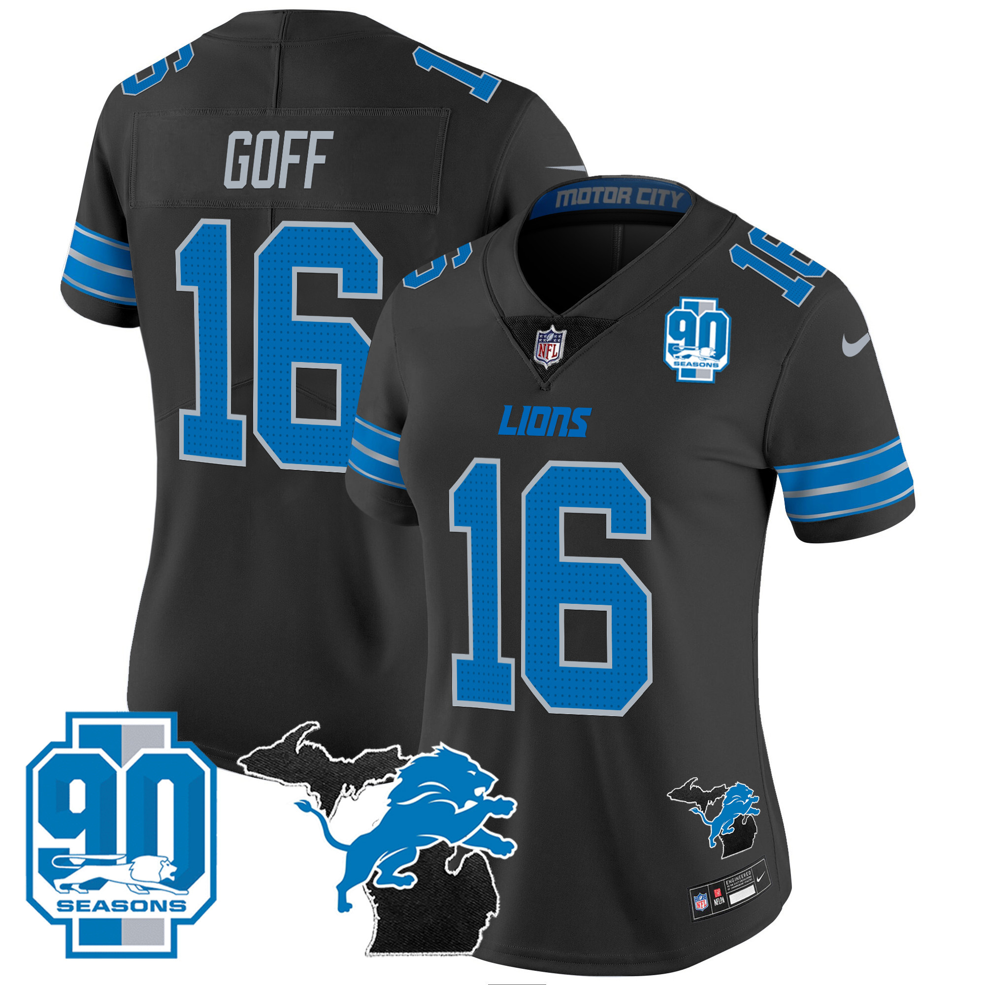 Jared Goff Women's Detroit Lions 2024 Michigan & 90th Year Patch Vapor Black Jersey - All Stitched
