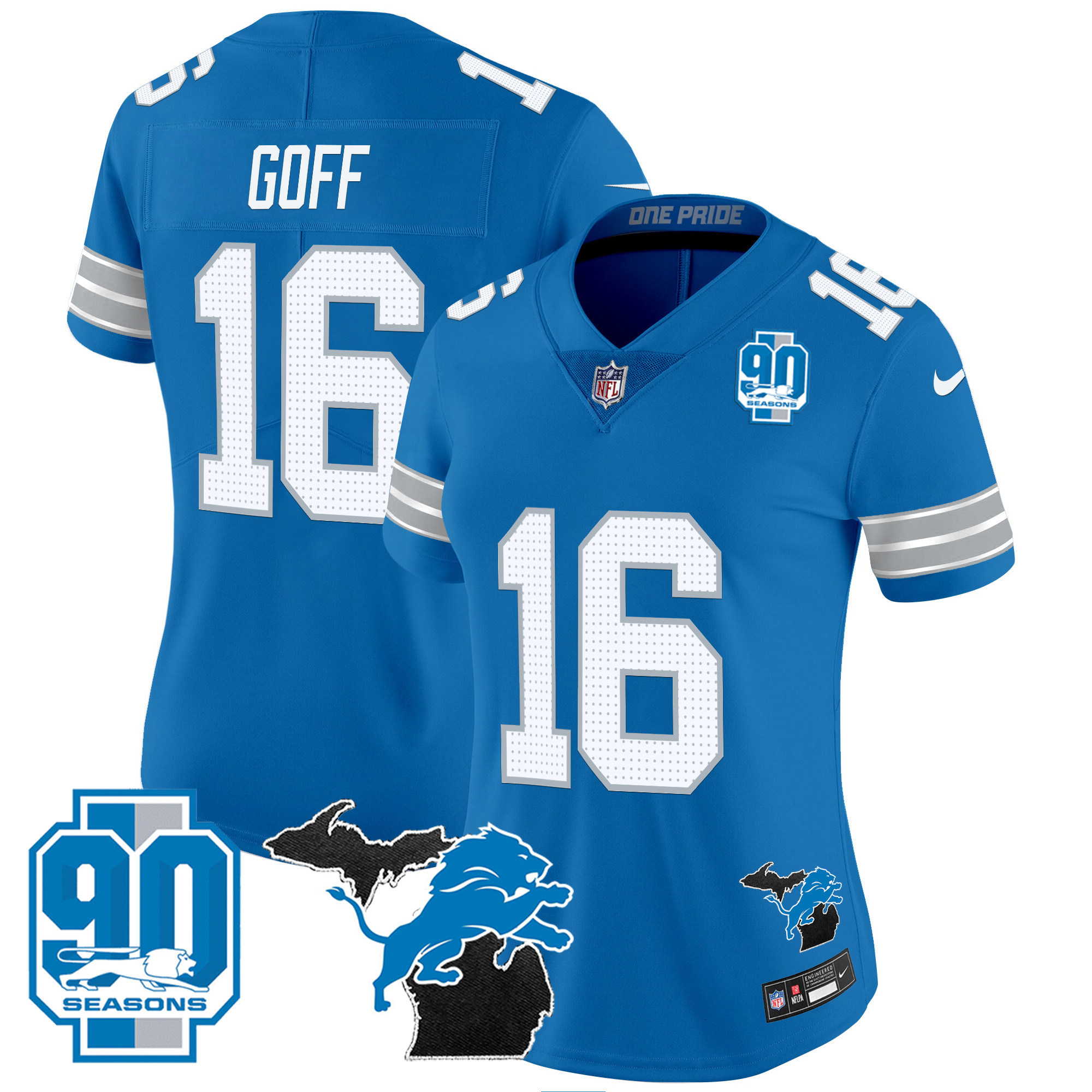 Jared Goff Women's Detroit Lions 2024 Michigan & 90th Year Patch Vapor Blue Jersey - All Stitched