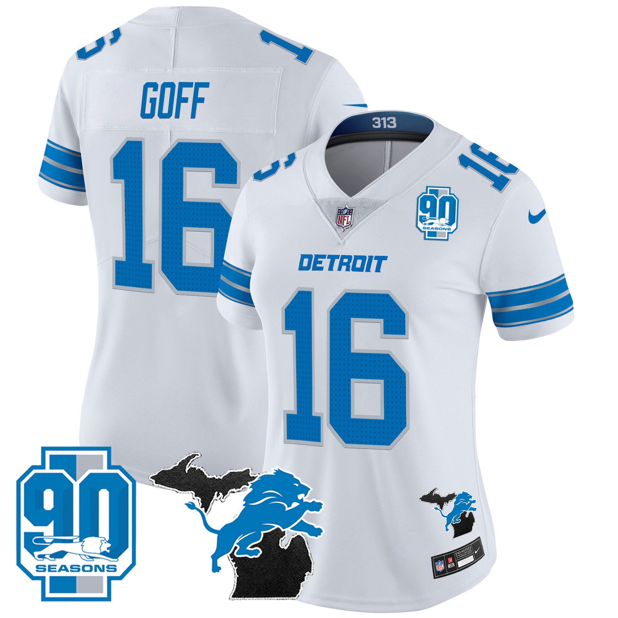 Jared Goff Women's Detroit Lions 2024 Michigan & 90th Year Patch Vapor White Jersey - All Stitched