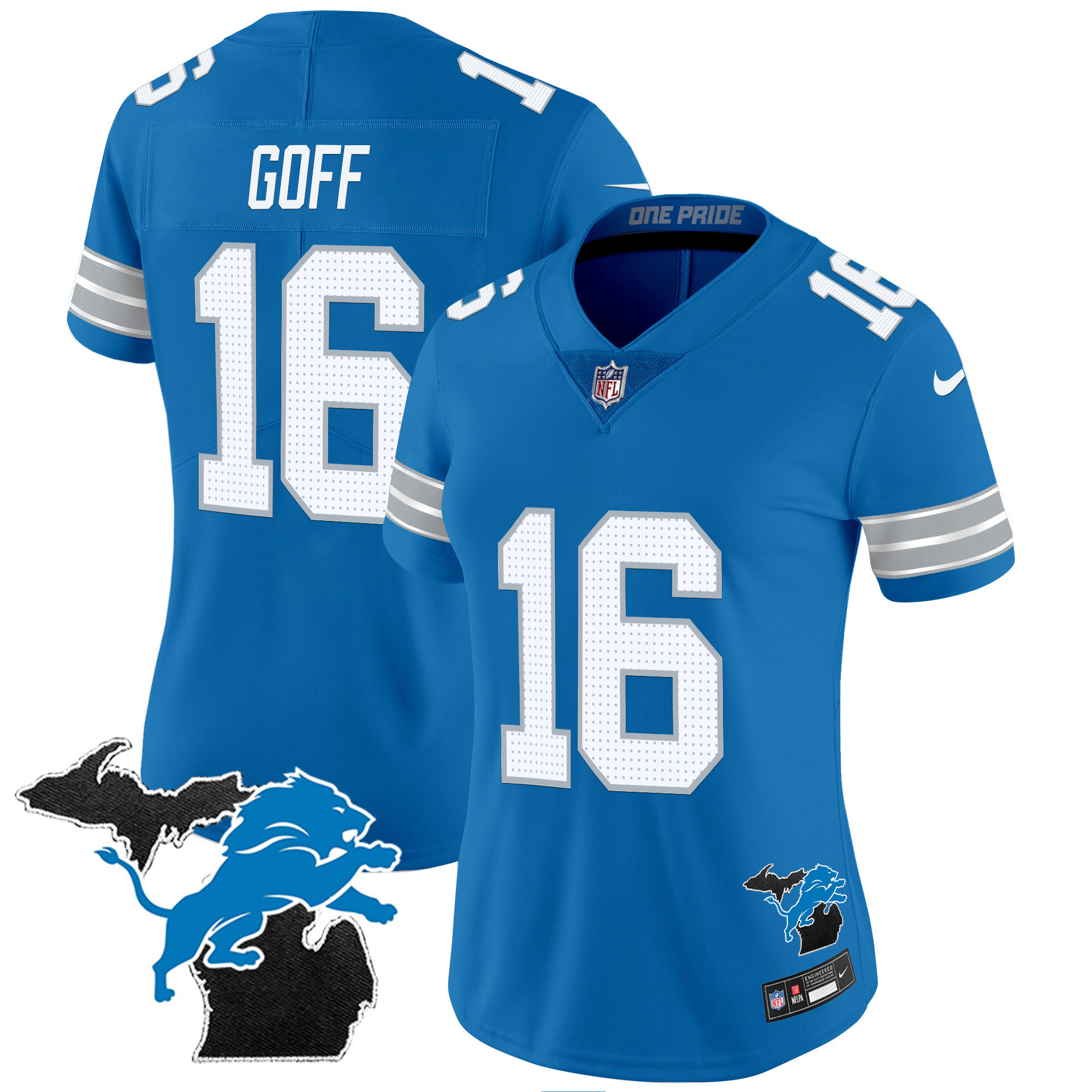 Jared Goff Women's Detroit Lions 2024 Michigan Patch Vapor Blue Jersey - All Stitched