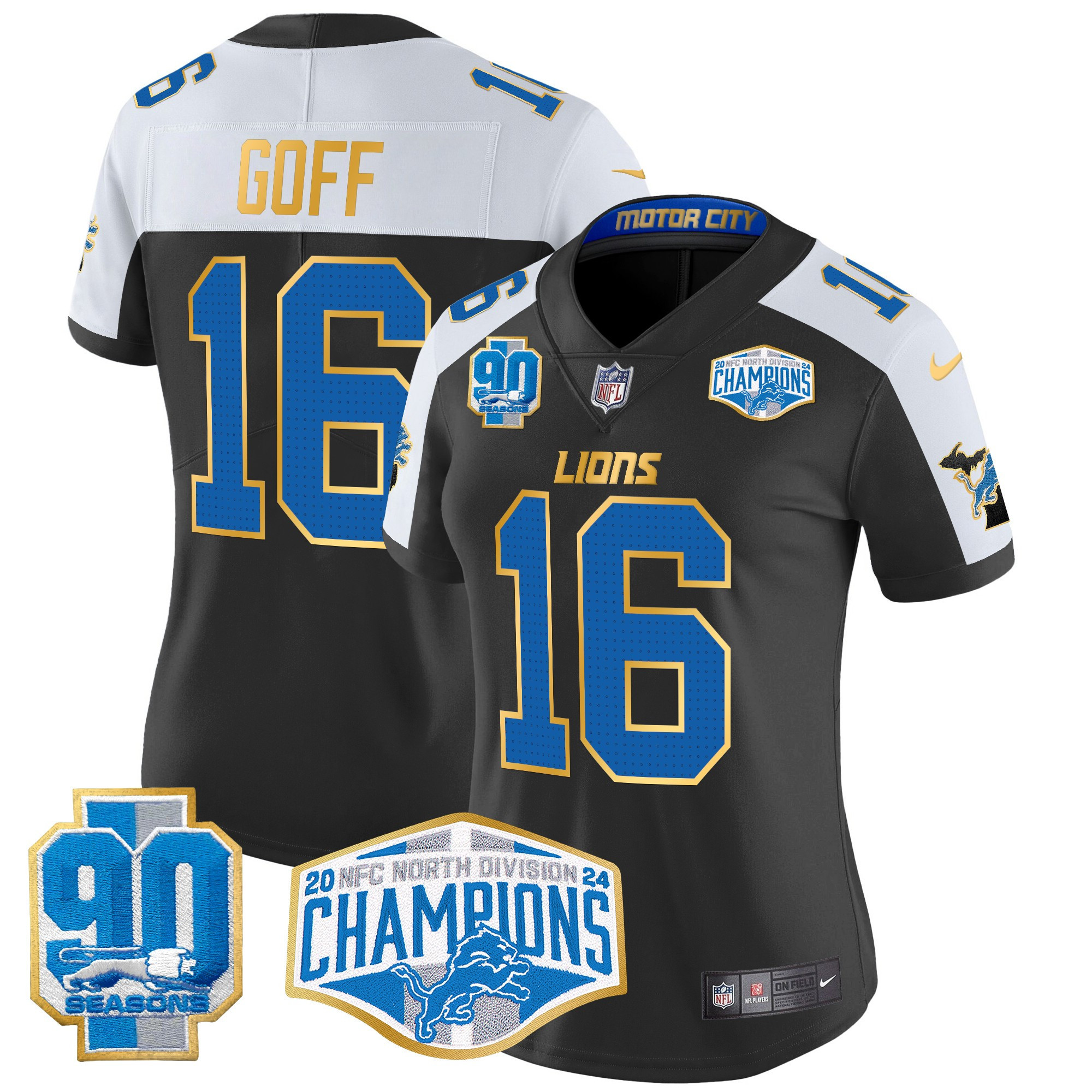 Jared Goff Women's Detroit Lions 2024 NFC North Division Champions Patch Gold Trim Vapor Limited Black Alternate Jersey - All Stitched