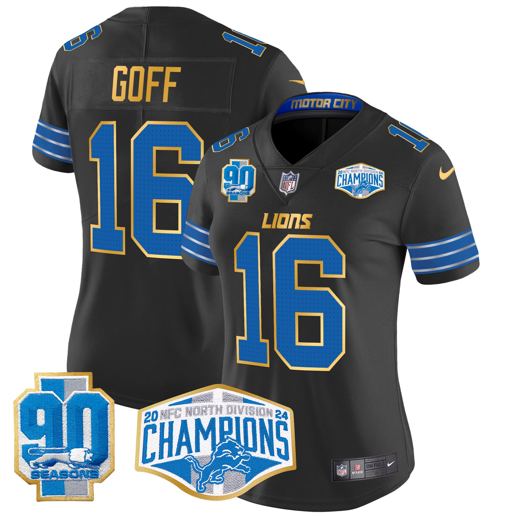 Jared Goff Women's Detroit Lions 2024 NFC North Division Champions Patch Gold Trim Vapor Limited Black Jersey - All Stitched