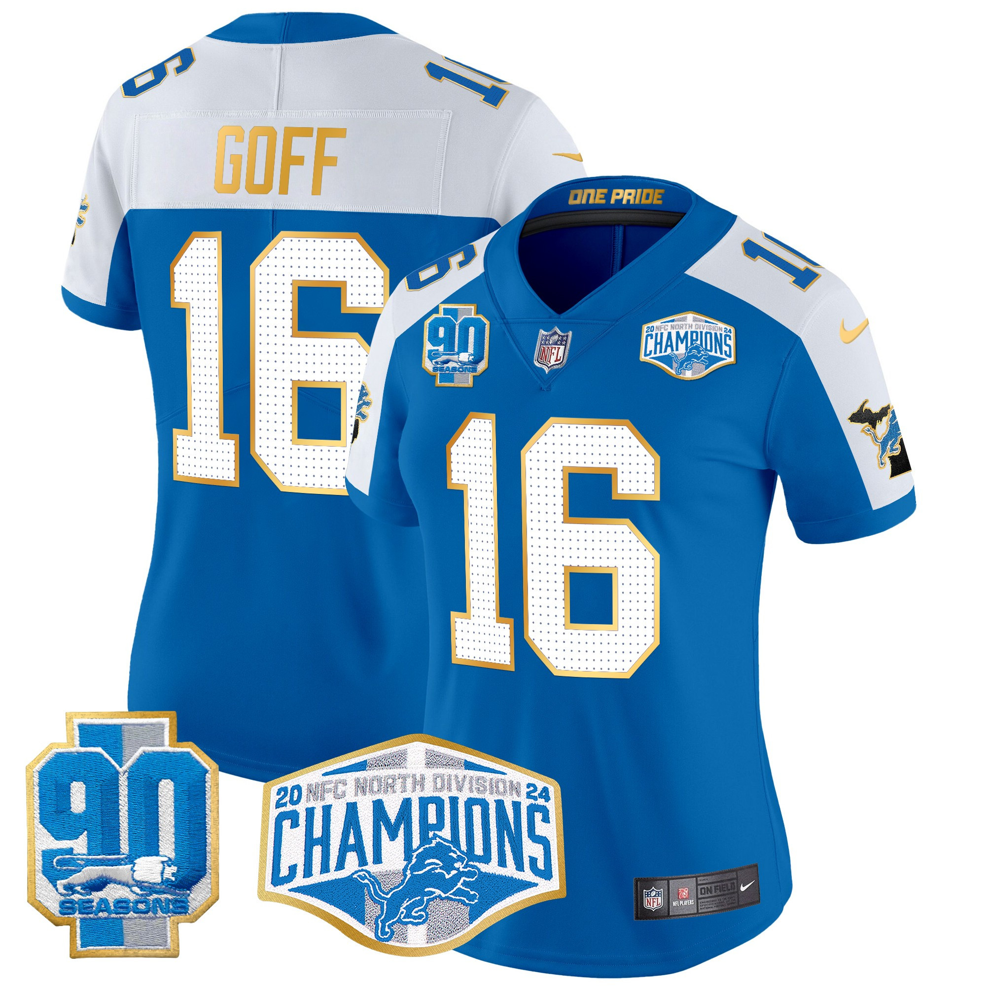 Jared Goff Women's Detroit Lions 2024 NFC North Division Champions Patch Gold Trim Vapor Limited Blue Alternate Jersey - All Stitched