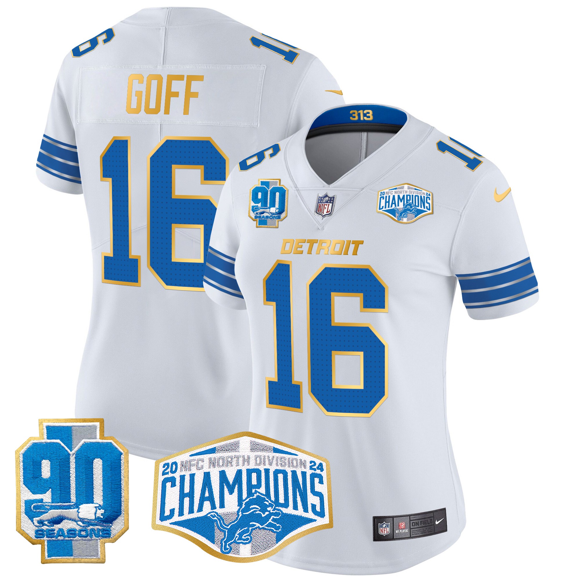 Jared Goff Women's Detroit Lions 2024 NFC North Division Champions Patch Gold Trim Vapor Limited White Jersey - All Stitched