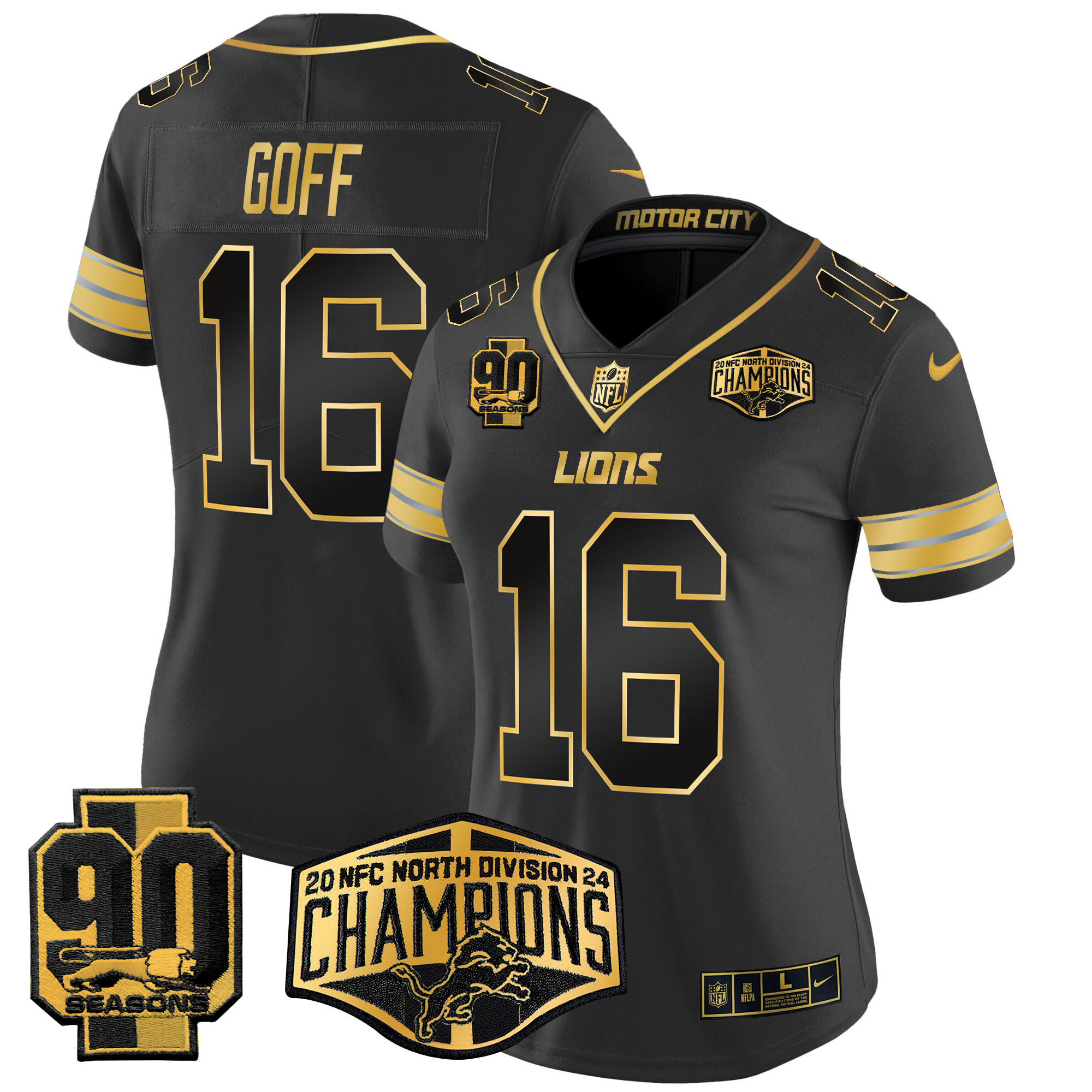 Jared Goff Women's Detroit Lions 2024 NFC North Division Champions Patch Gold Vapor Limited Black Gold Jersey - All Stitched