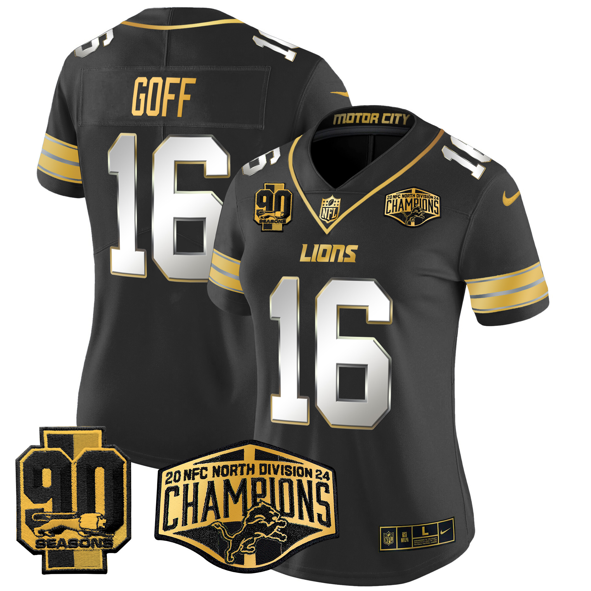 Jared Goff Women's Detroit Lions 2024 NFC North Division Champions Patch Gold Vapor Limited Black Limited Jersey - All Stitched
