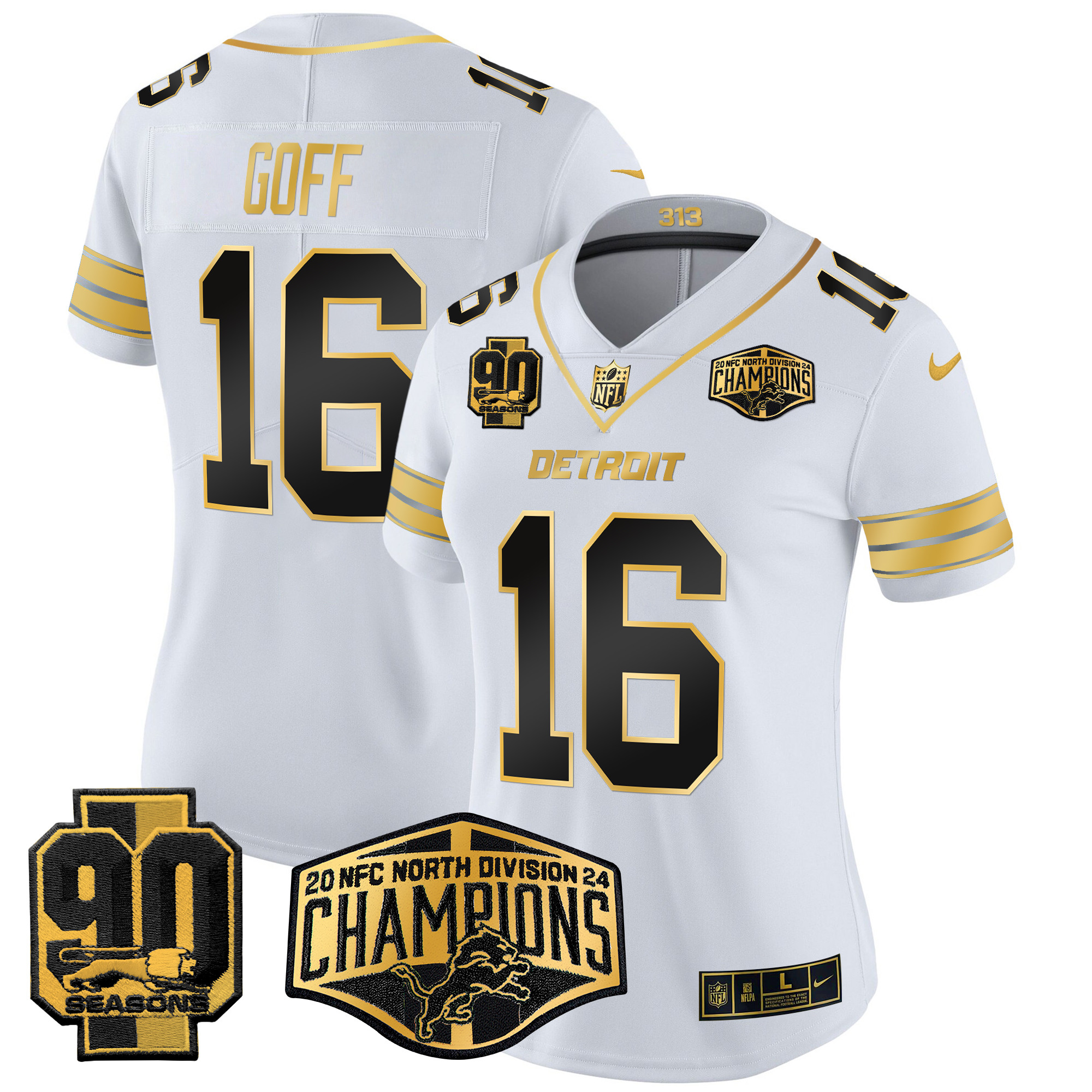 Jared Goff Women's Detroit Lions 2024 NFC North Division Champions Patch Gold Vapor Limited White Gold Jersey - All Stitched