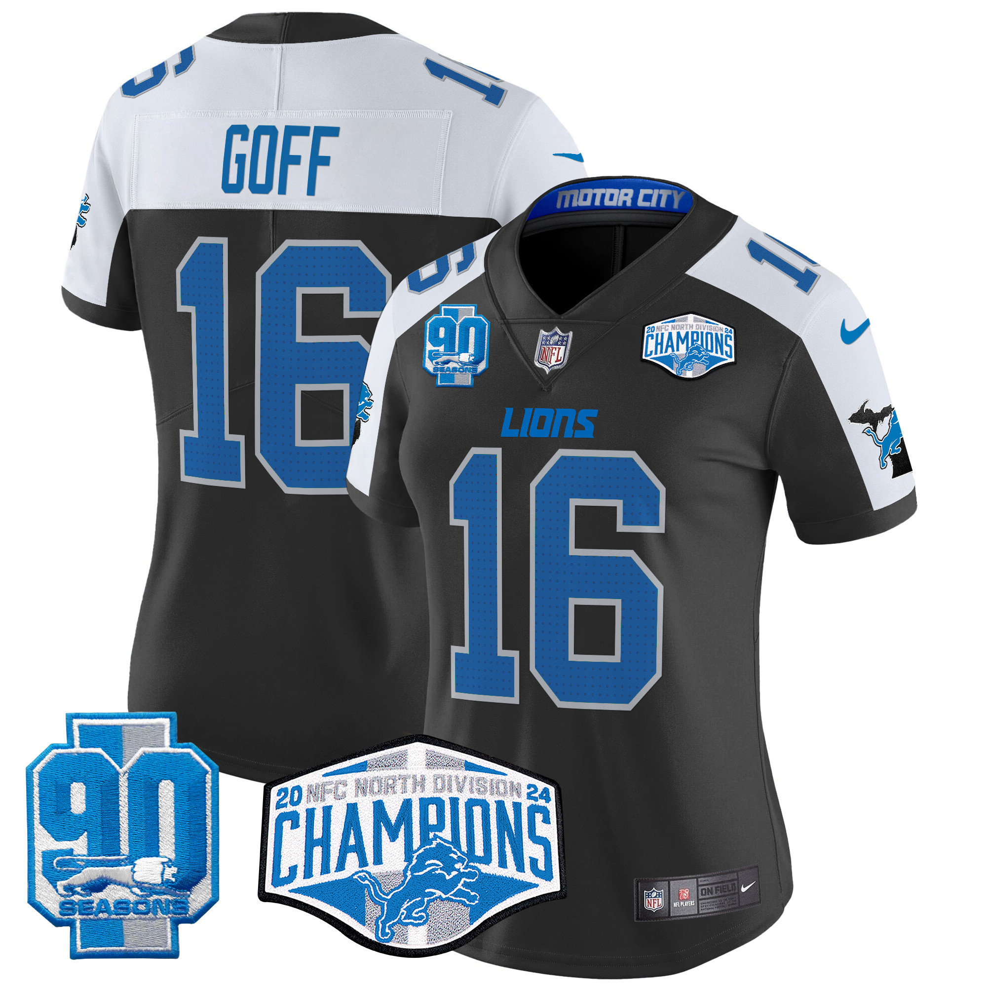 Jared Goff Women's Detroit Lions 2024 NFC North Division Champions Patch Vapor Limited Black Alternate Jersey - All Stitched