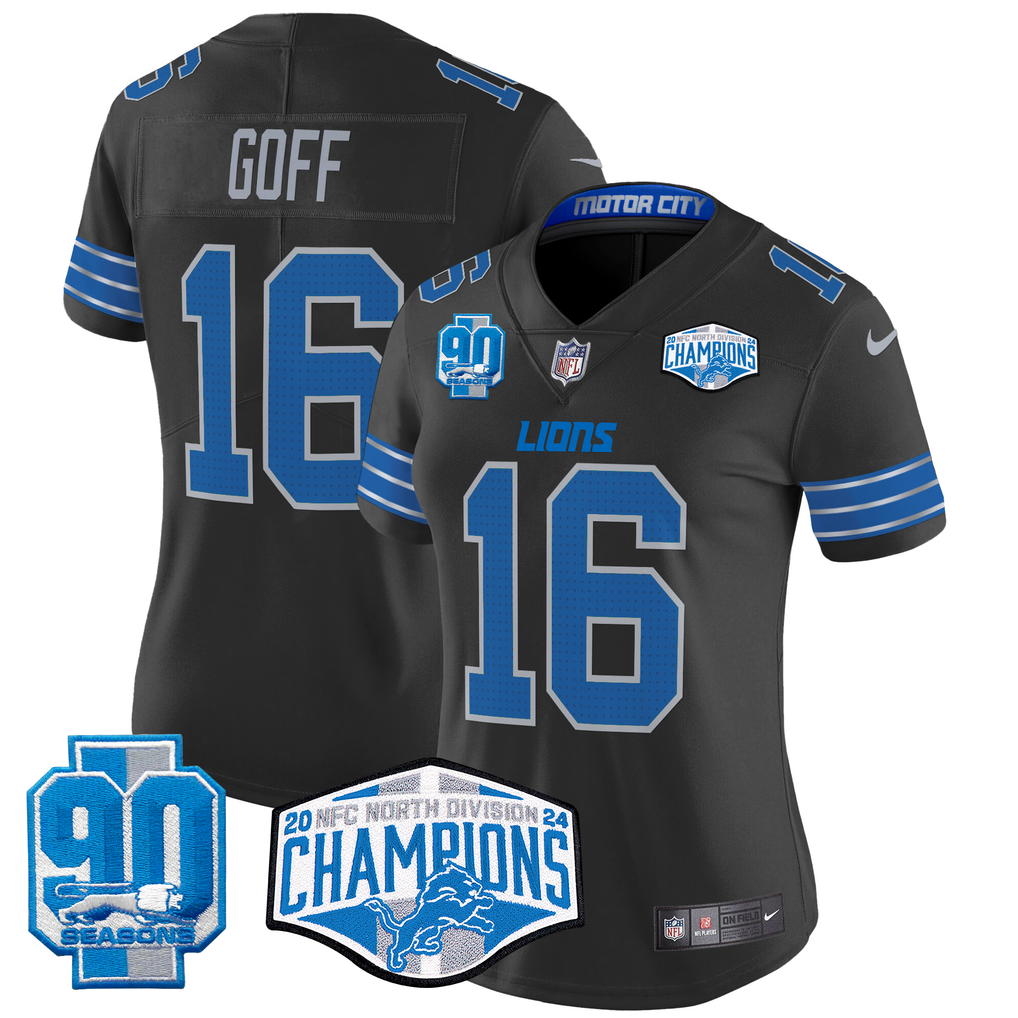 Jared Goff Women's Detroit Lions 2024 NFC North Division Champions Patch Vapor Limited Black Jersey - All Stitched