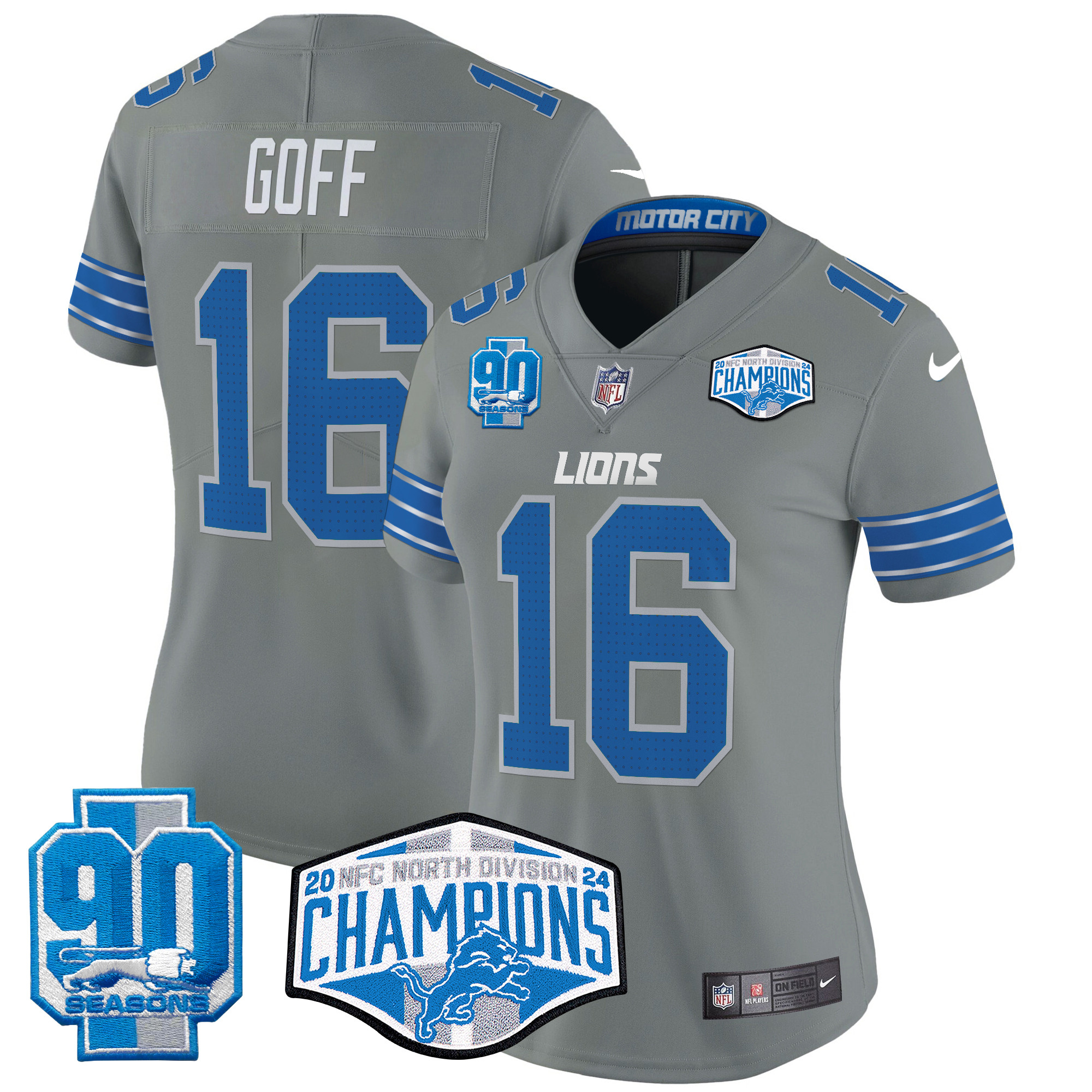 Jared Goff Women's Detroit Lions 2024 NFC North Division Champions Patch Vapor Limited Gray Jersey - All Stitched