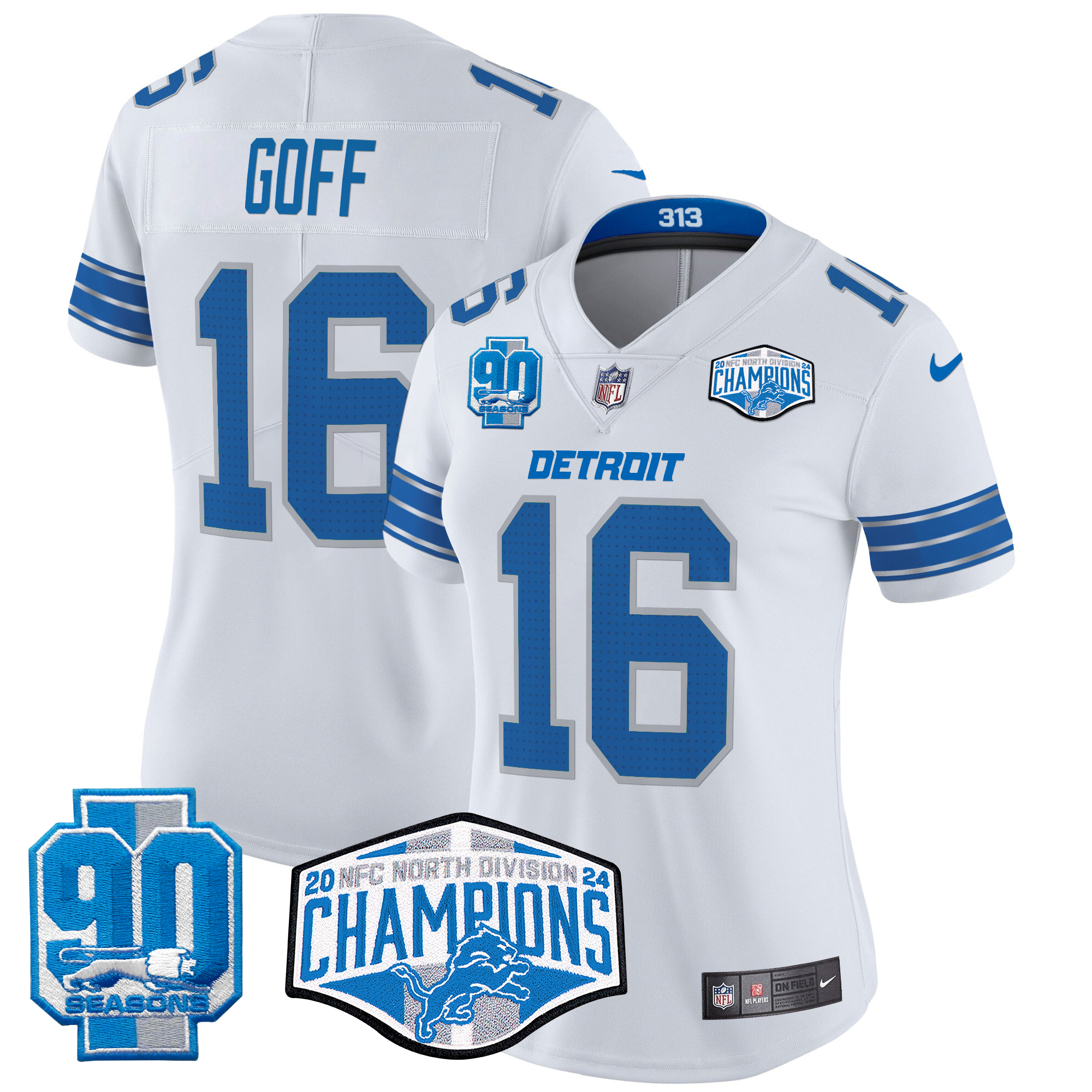 Jared Goff Women's Detroit Lions 2024 NFC North Division Champions Patch Vapor Limited White Jersey - All Stitched