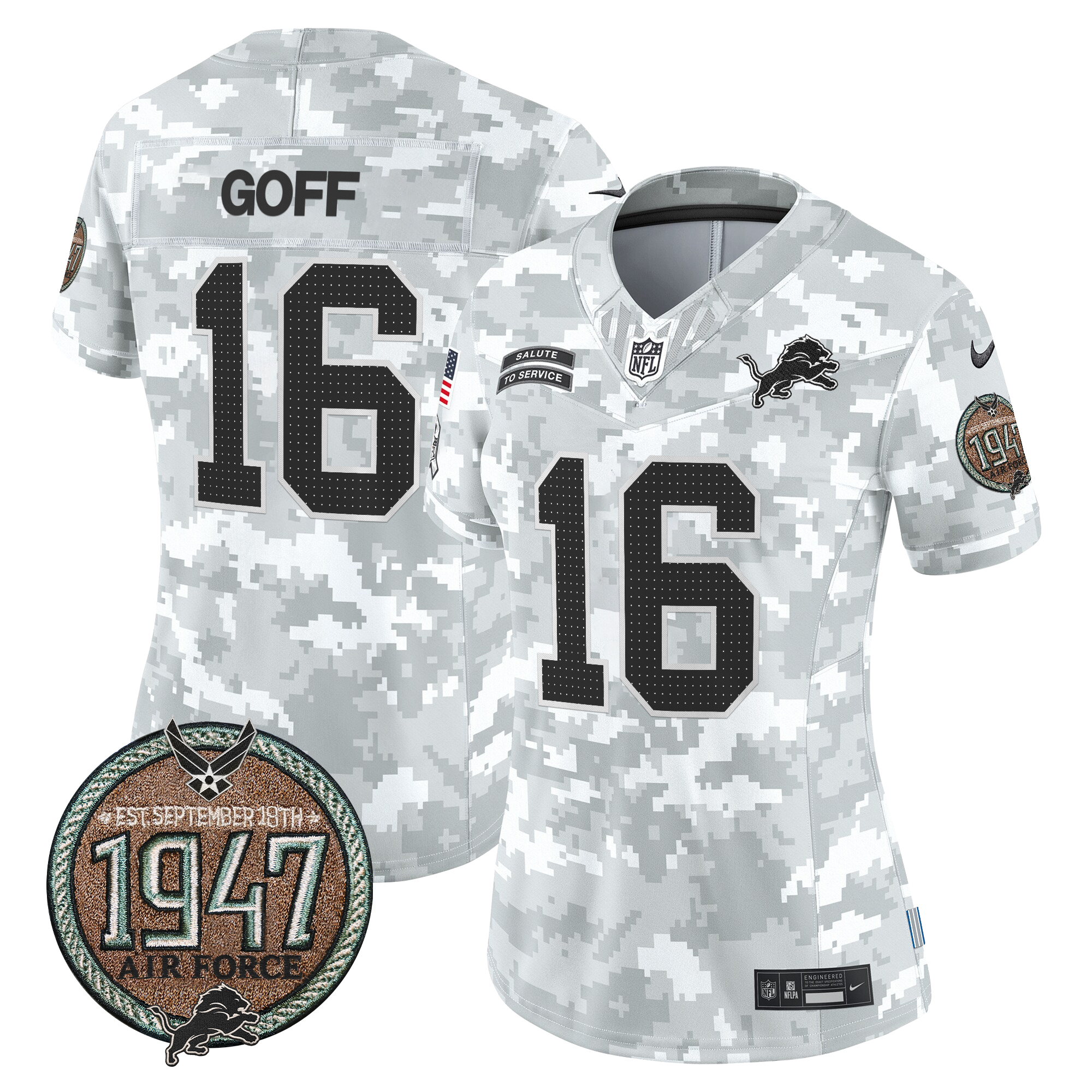 Jared Goff Women's Detroit Lions 2024 Salute to Service Establishment Year Patch Vapor Limited Air Force Jersey - All Stitched