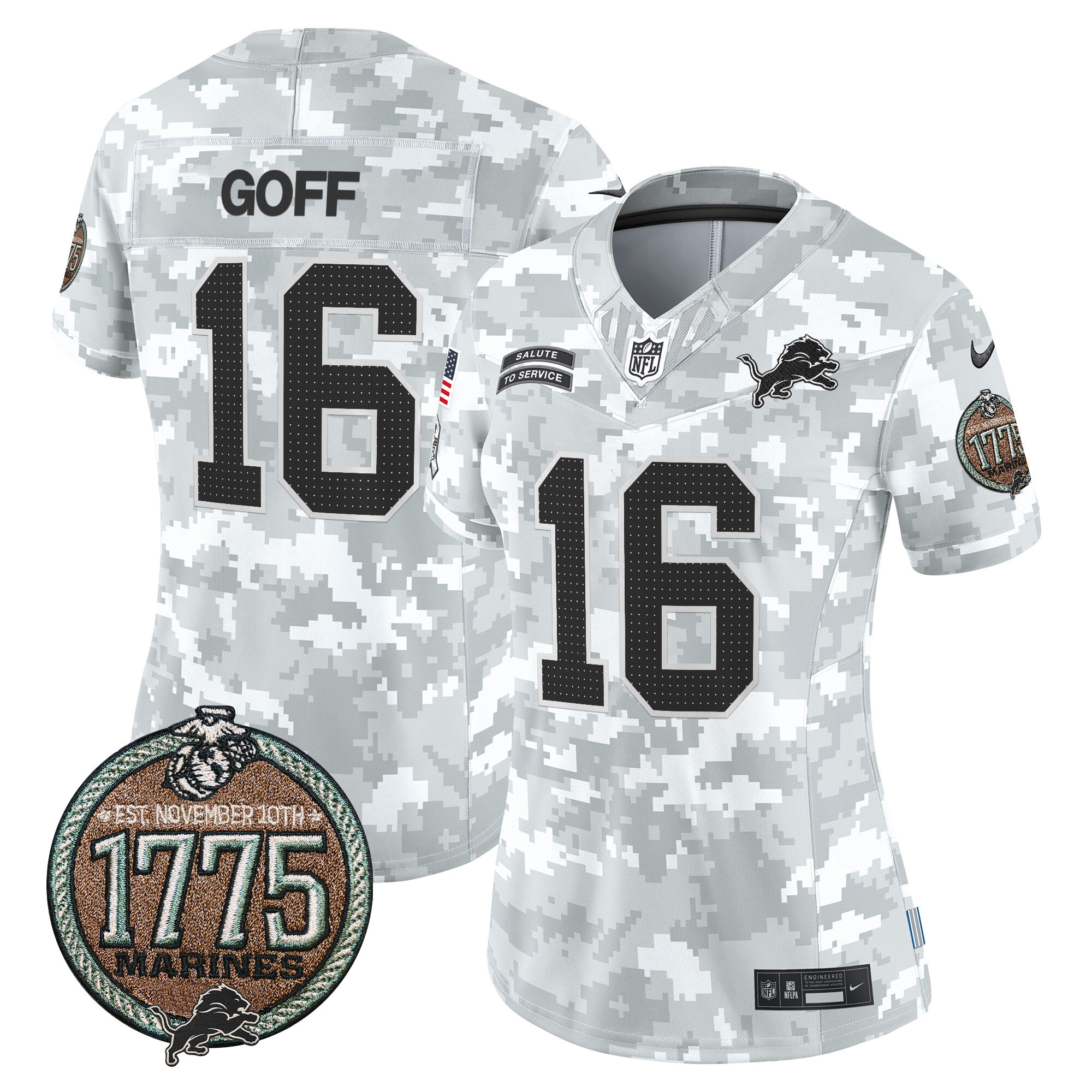Jared Goff Women's Detroit Lions 2024 Salute to Service Establishment Year Patch Vapor Limited Marines Jersey - All Stitched