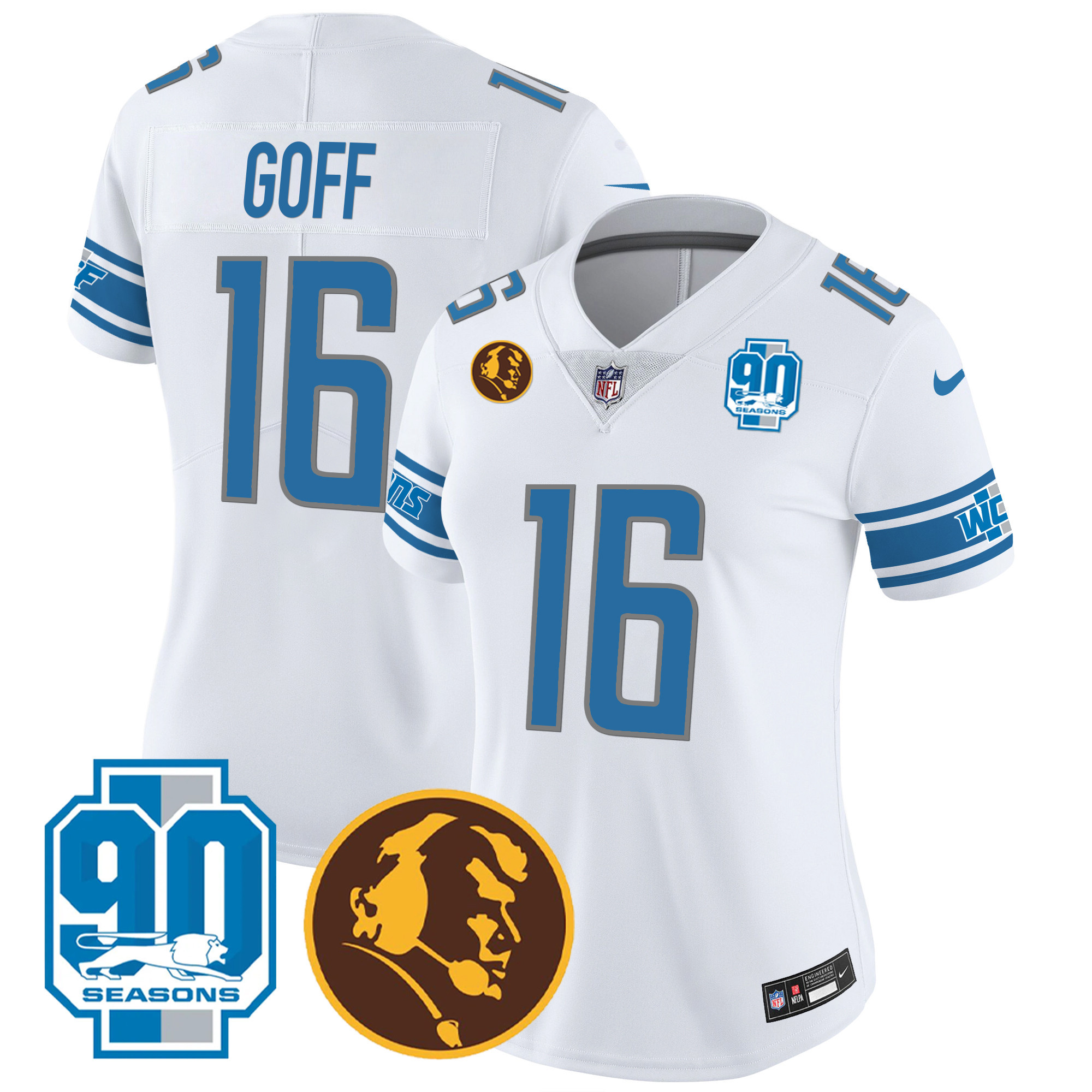 Jared Goff Women's Detroit Lions 90th & John Madden Patch White Jersey - All Stitched