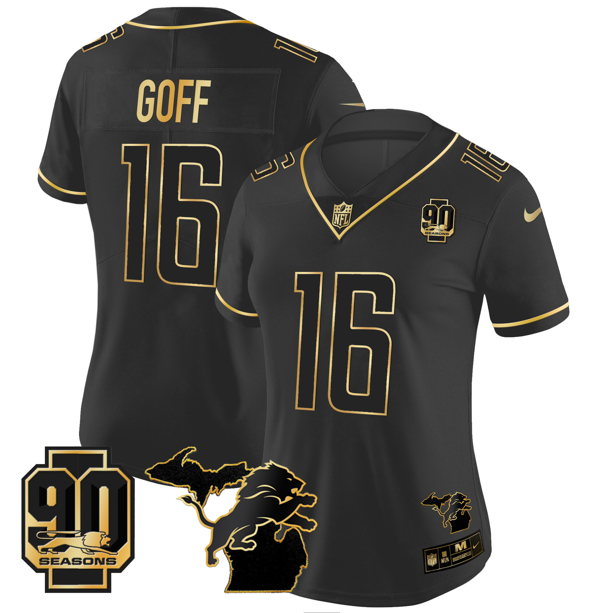 Jared Goff Women's Detroit Lions 90th Year & Michigan Patch Gold Vapor Black Gold Jersey - All Stitched