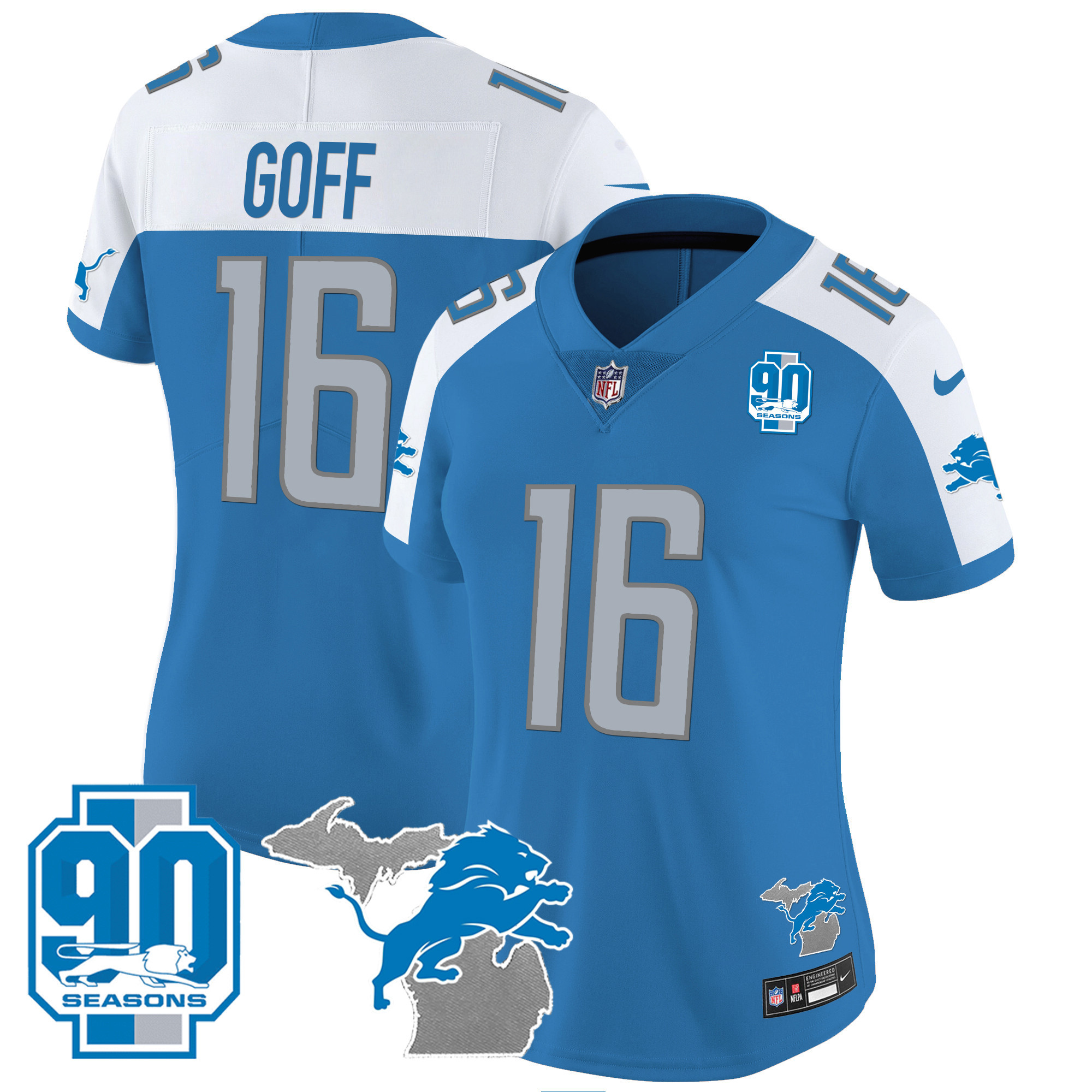 Jared Goff Women's Detroit Lions 90th Year & Michigan Patch Vapor Blue Alternate Jersey - All Stitched